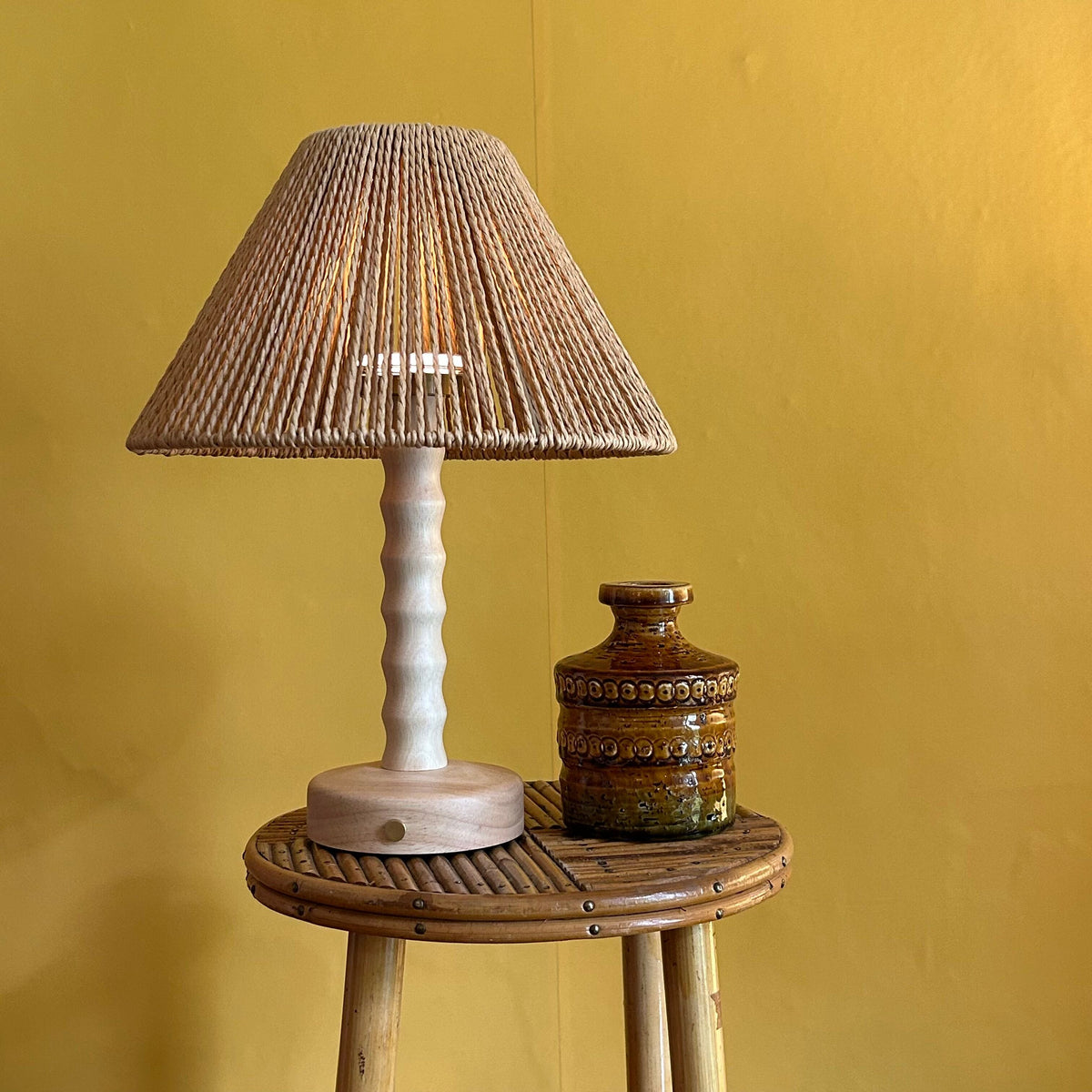 Bamboo Beech style rechargeable touch lamp with Rope shade