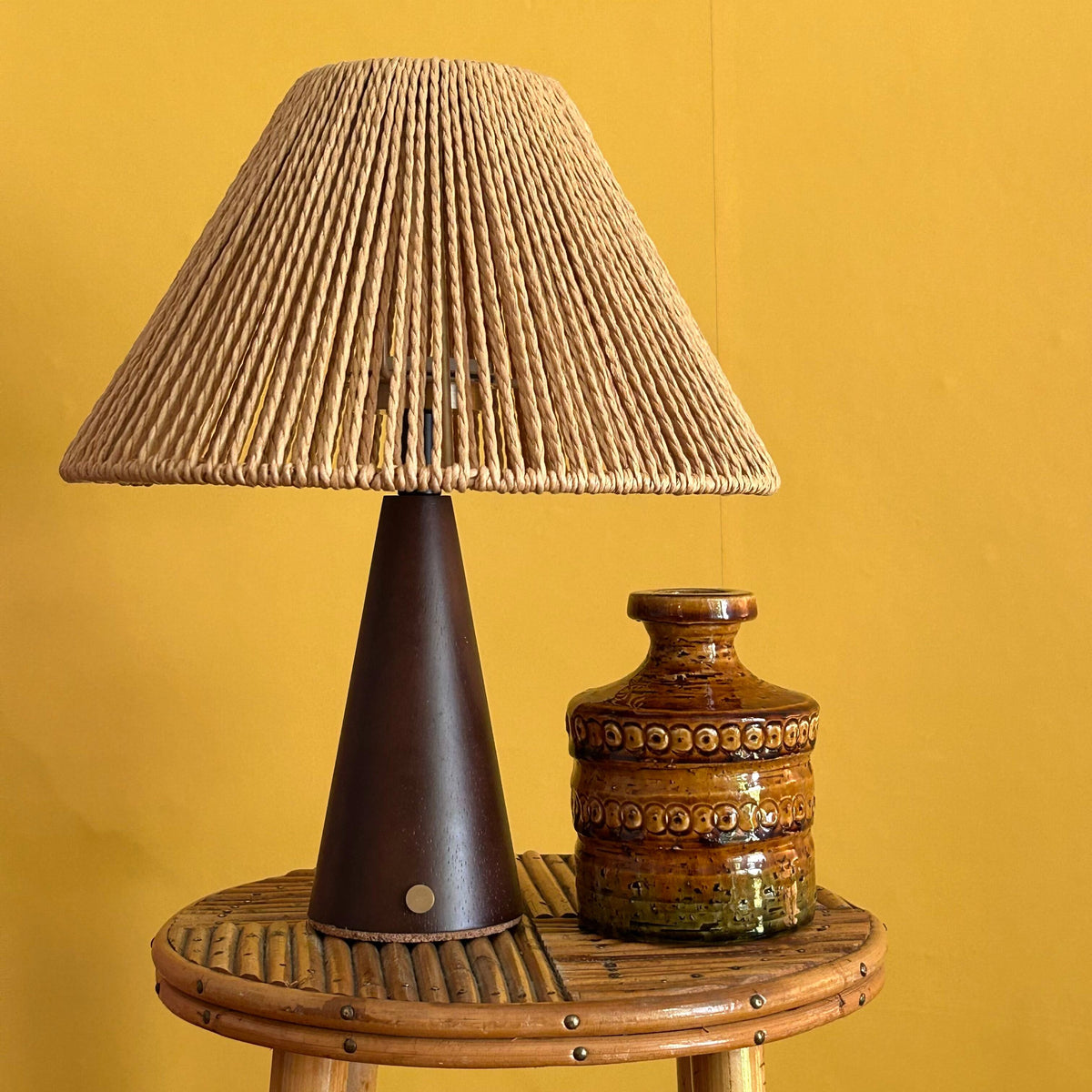 Conical Walnut style rechargeable touch lamp with rope shade