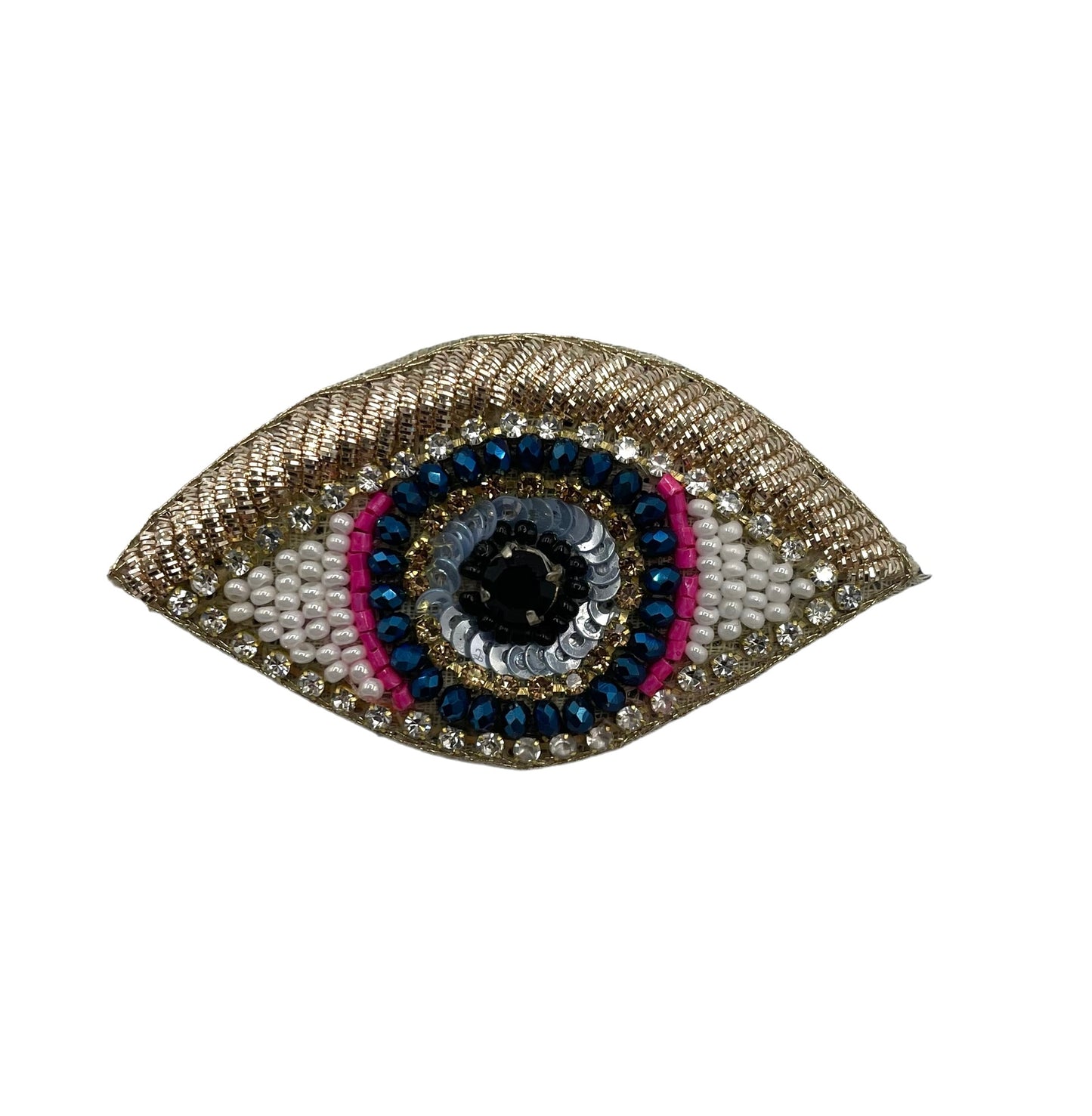 Pink stripe makeup bag with Golden Eye brooch
