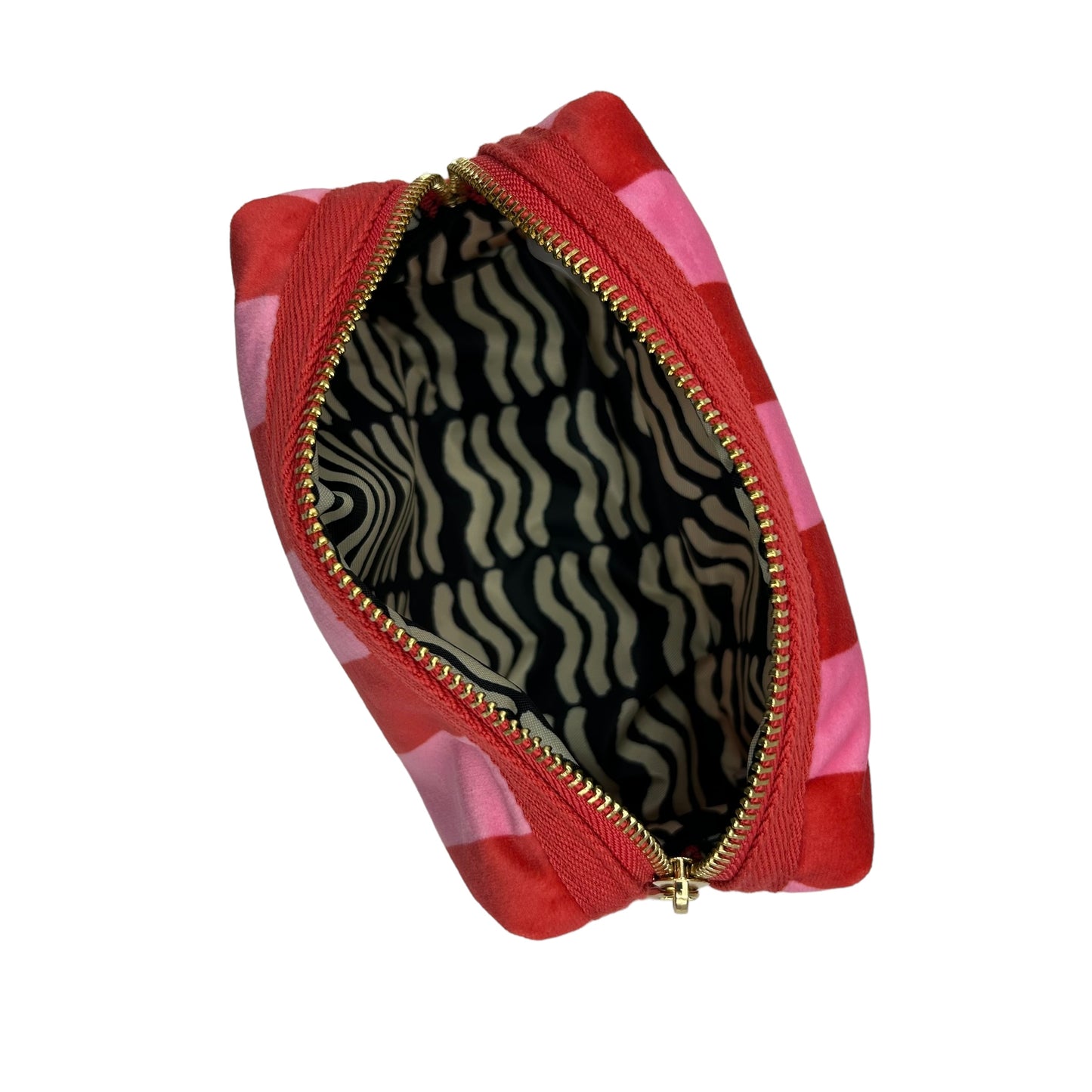 Pink stripe makeup bag with Crocodile brooch