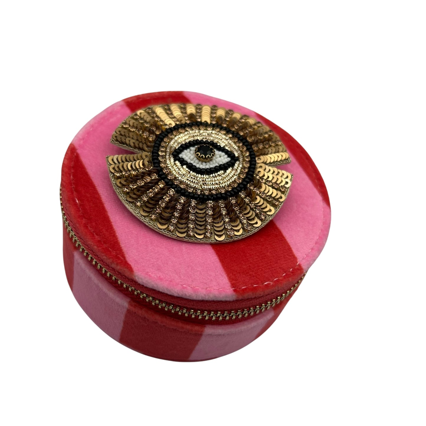 Jewellery Travel Pot in pink stripe - Sunray Eye brooch