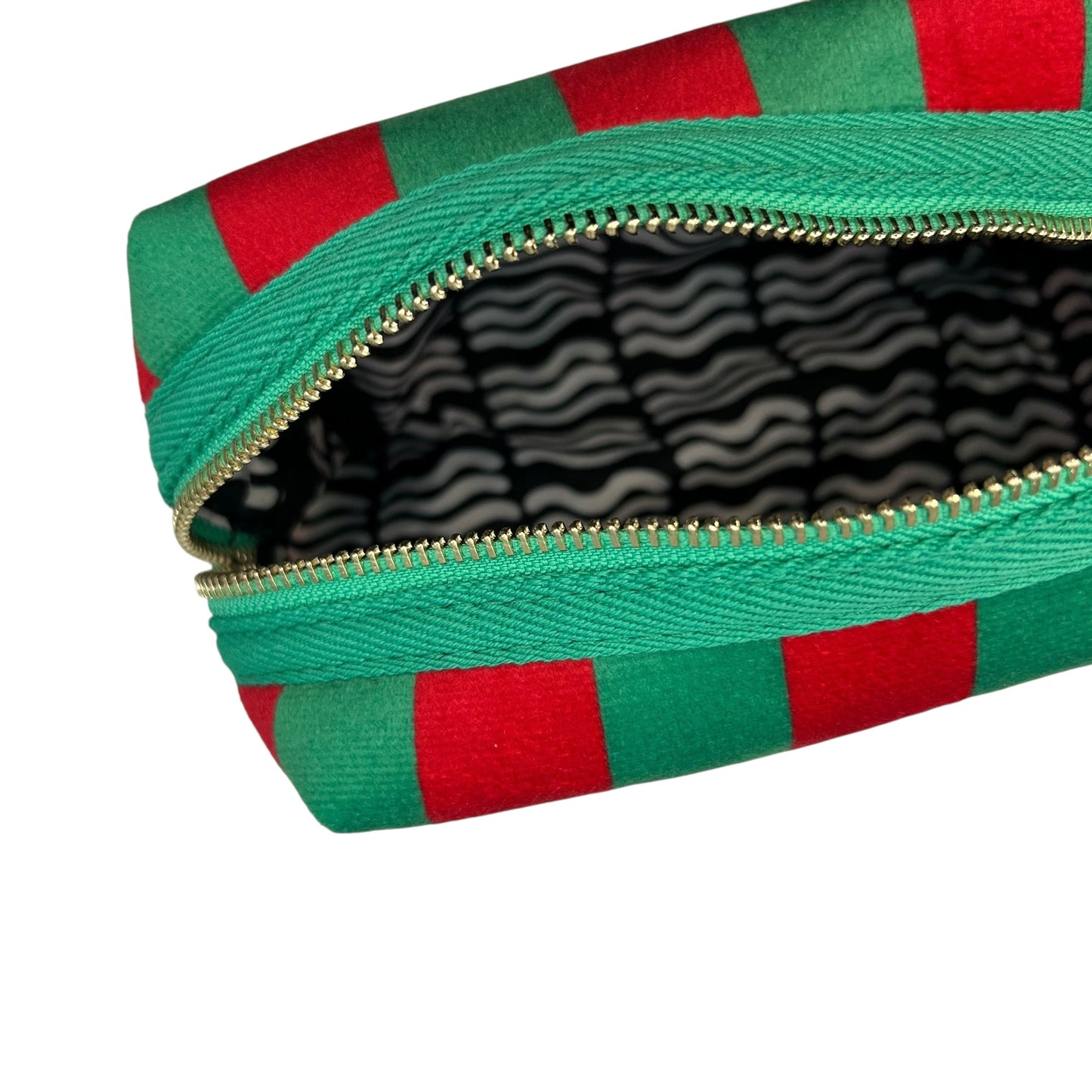 Large green stripe makeup bag with Red Lips brooch