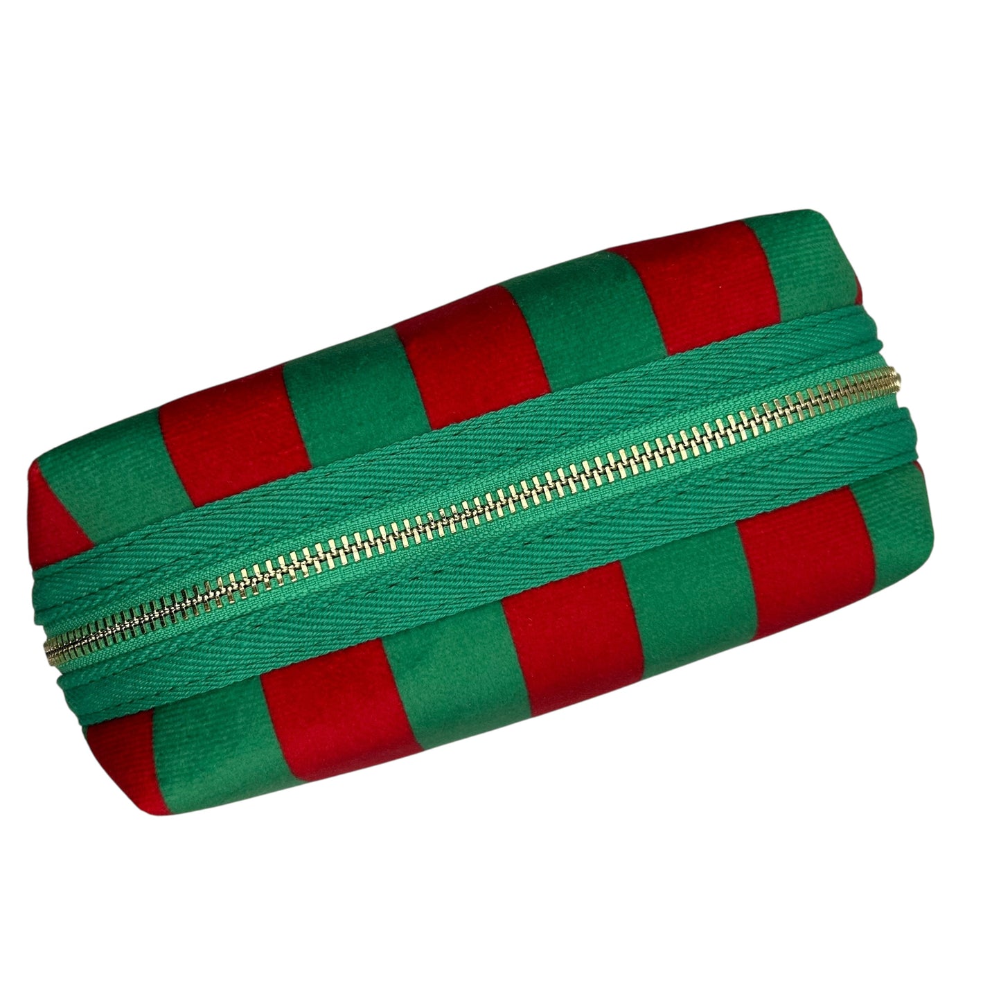 Large green stripe makeup bag with Leopard brooch