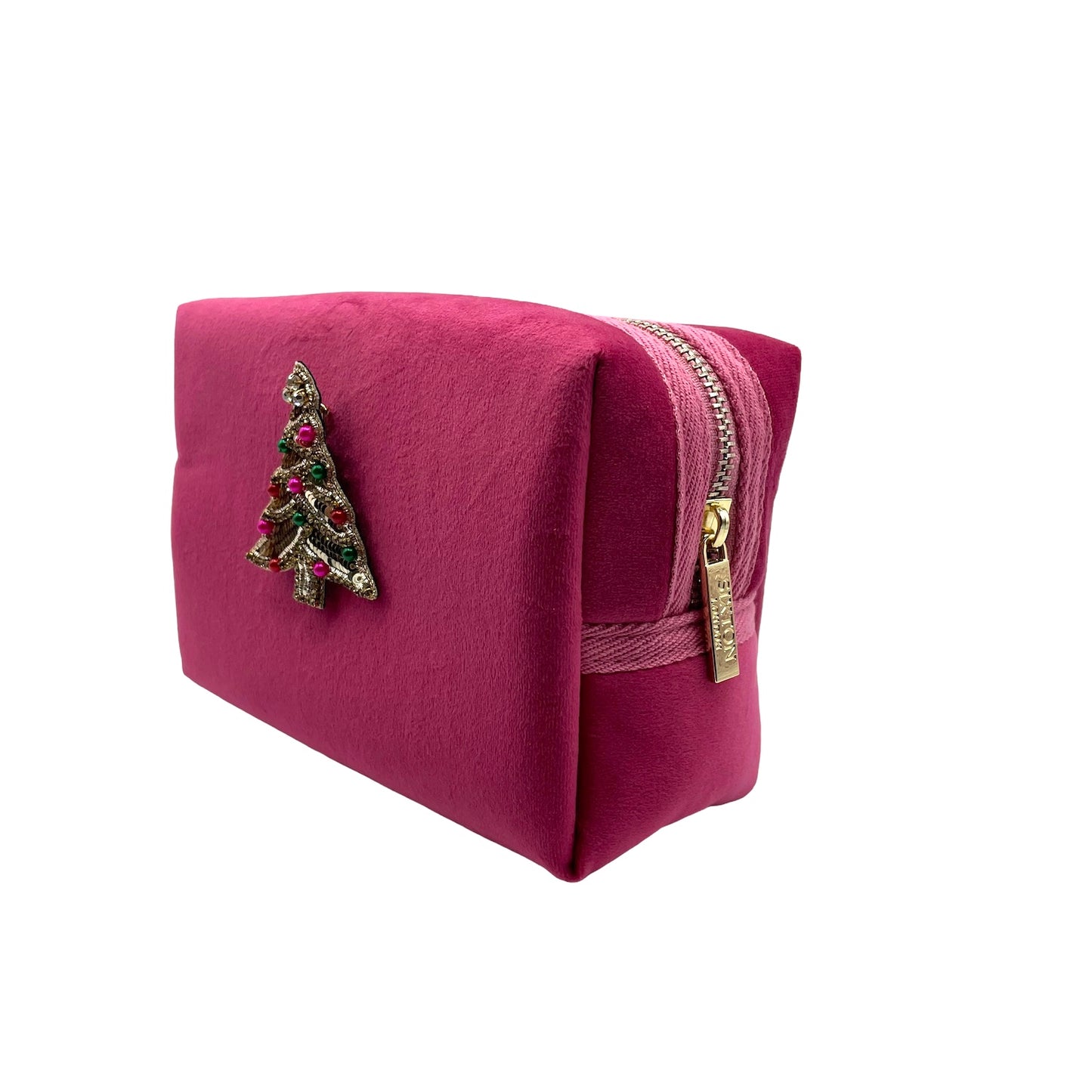 Bright pink make-up bag and a kitsch tree pin - recycled velvet