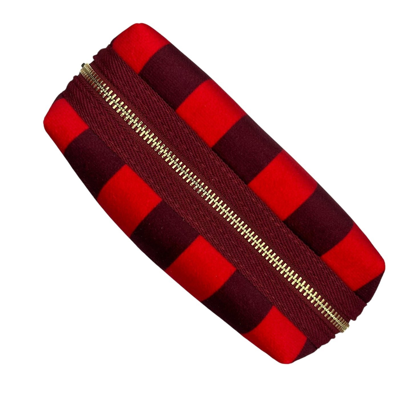 Large red stripe makeup bag with Christmas Tree brooch