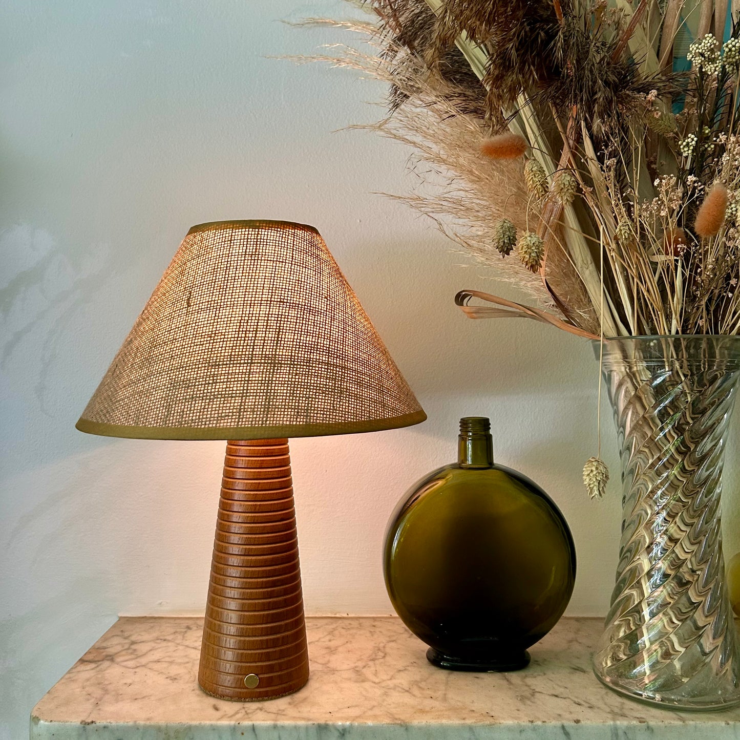 Ribbed Teak style rechargeable touch lamp with hessian shade