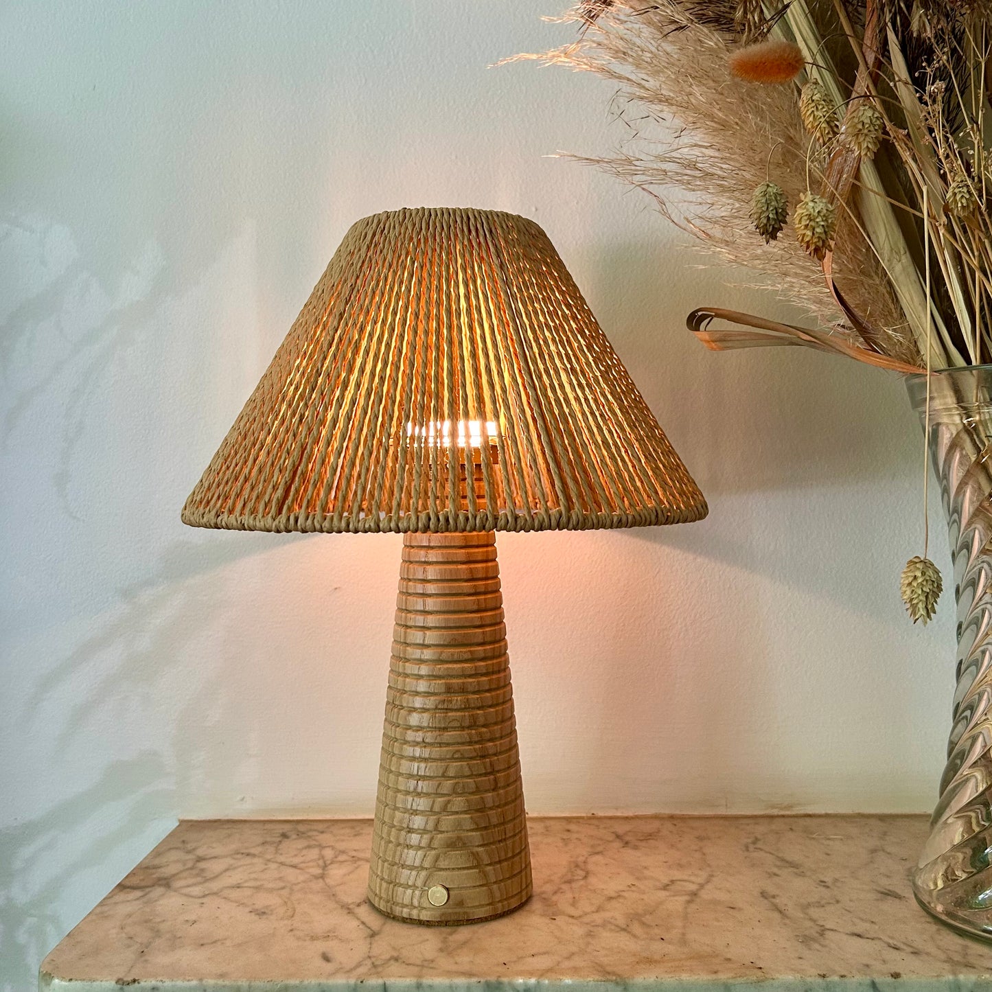 Ribbed Beech style rechargeable touch lamp with rope shade