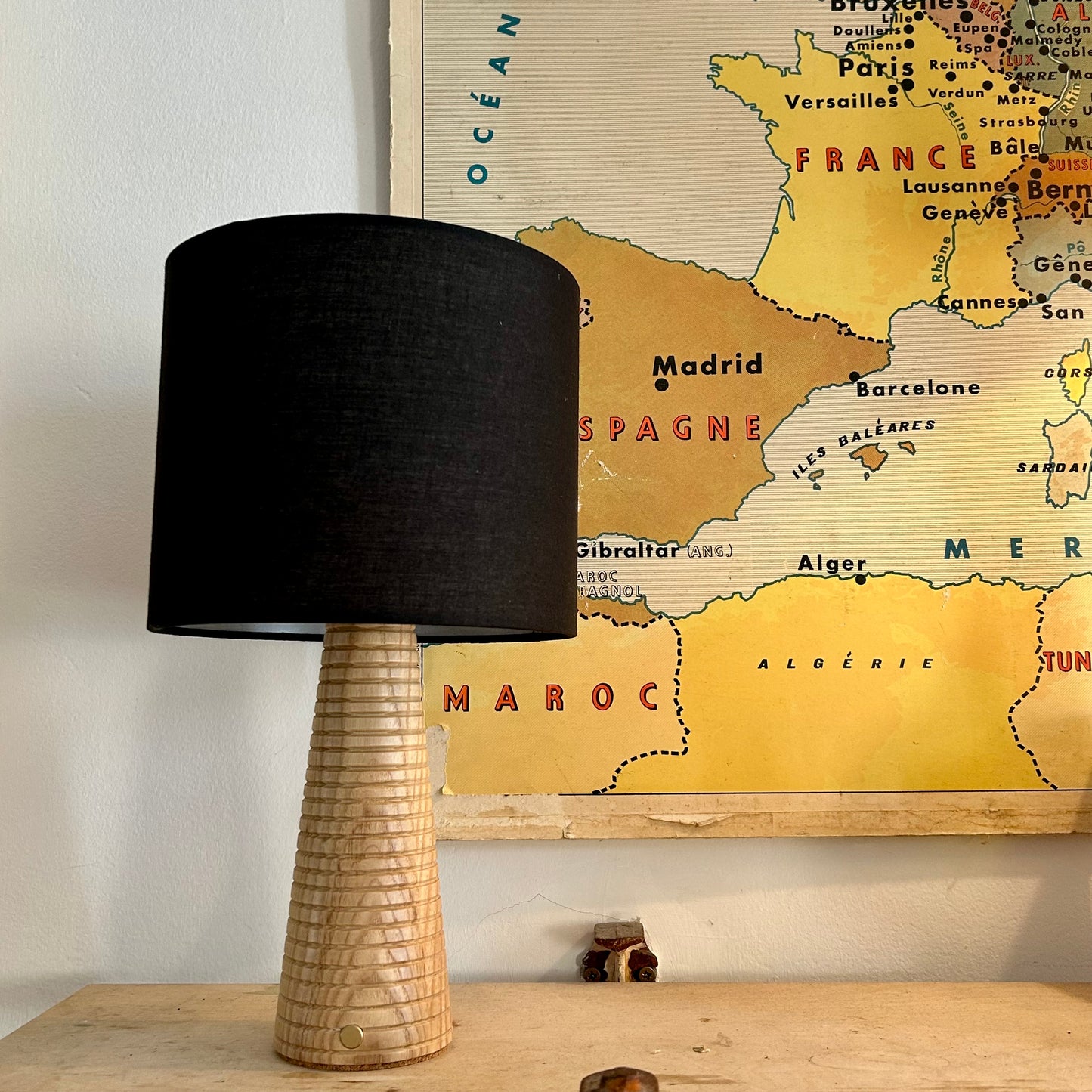 Ribbed Beech style rechargeable touch lamp with black shade