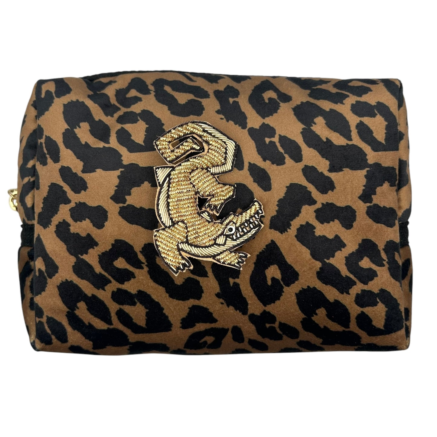 Leopard print makeup bag with Crocodile brooch (two sizes)