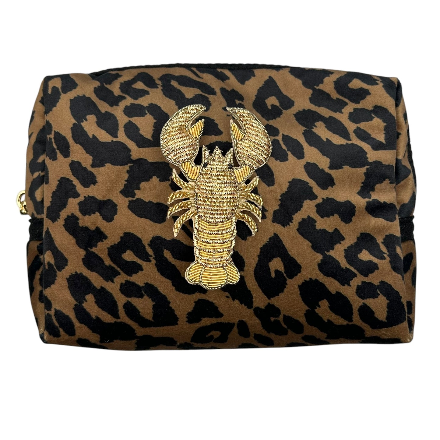 Leopard print makeup bag with Lobster brooch (two sizes)
