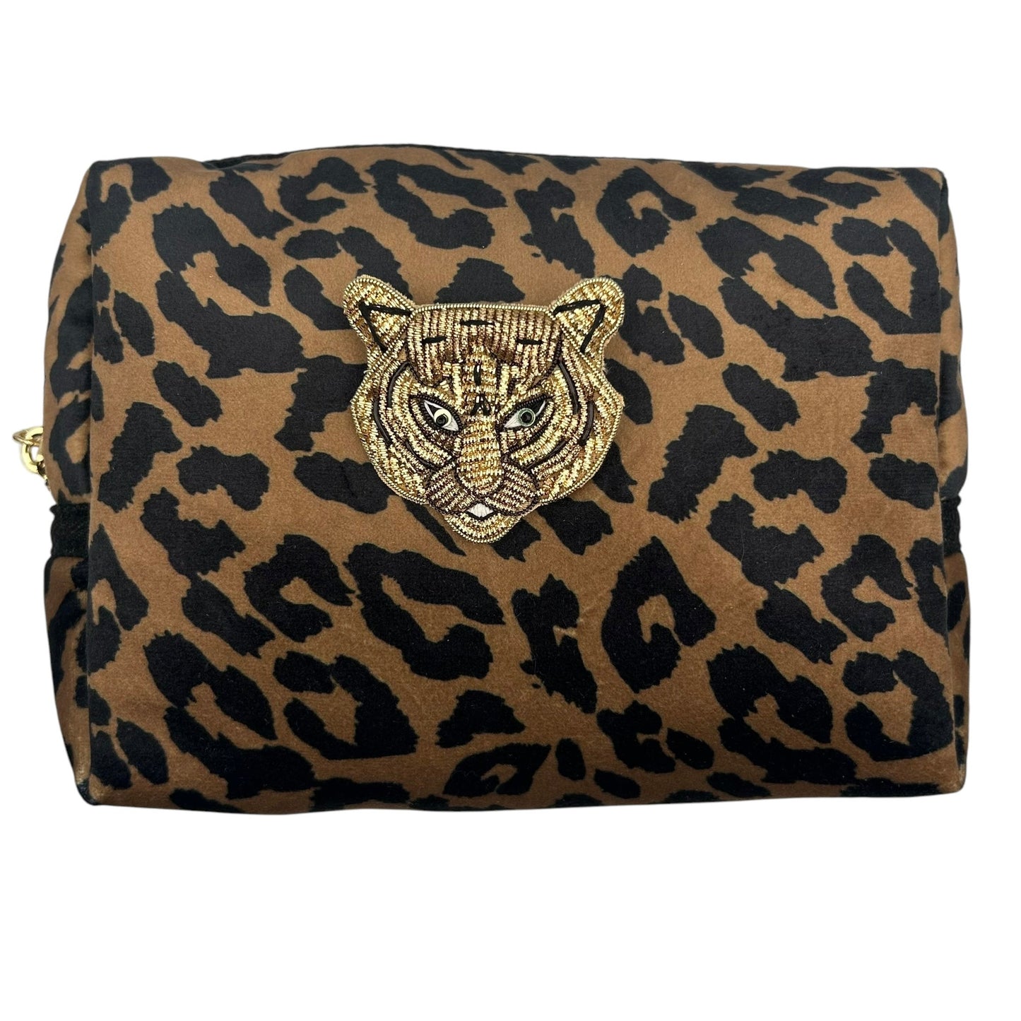 Leopard print makeup bag with Tiger Head brooch (two sizes)
