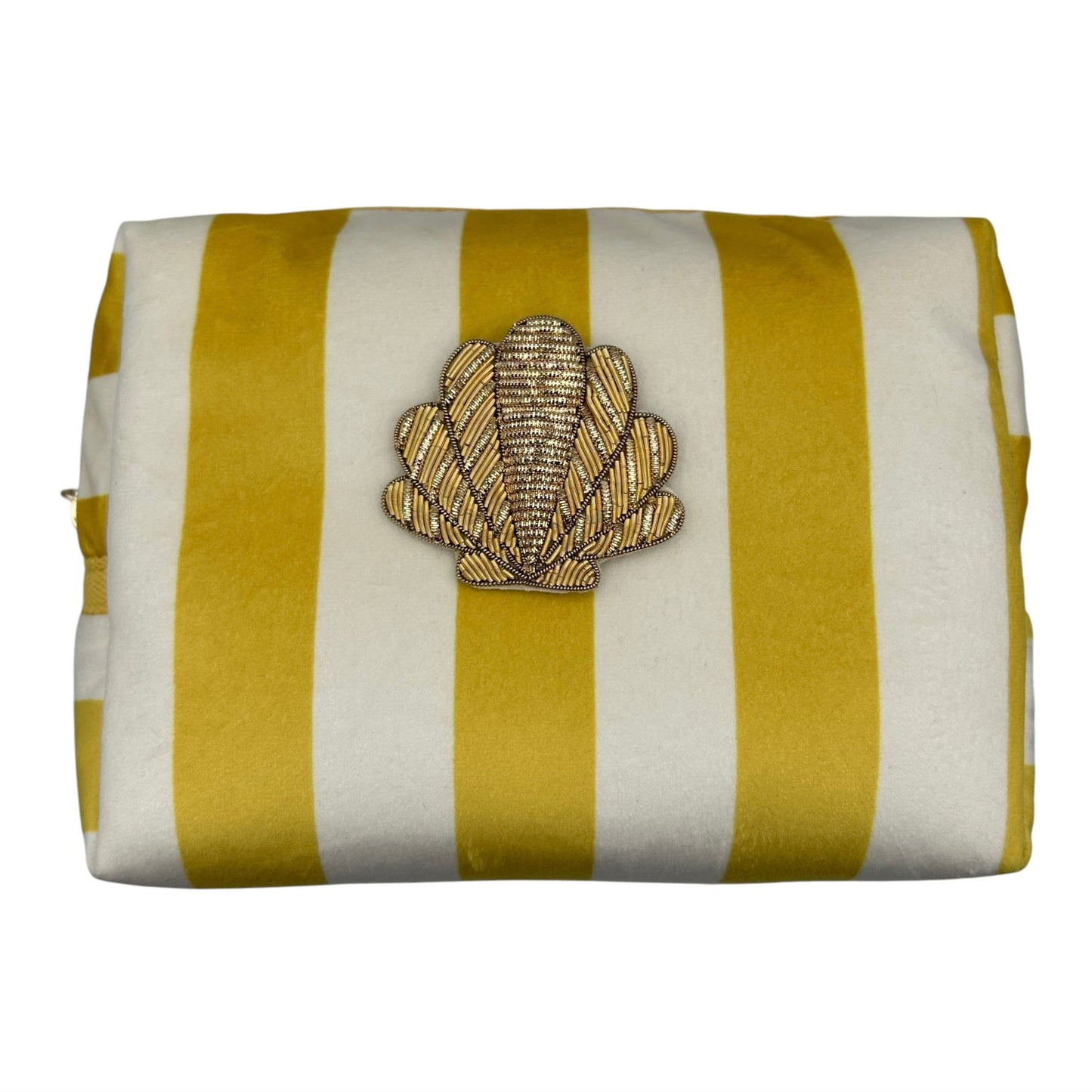Yellow stripe make-up bag with Shell pin