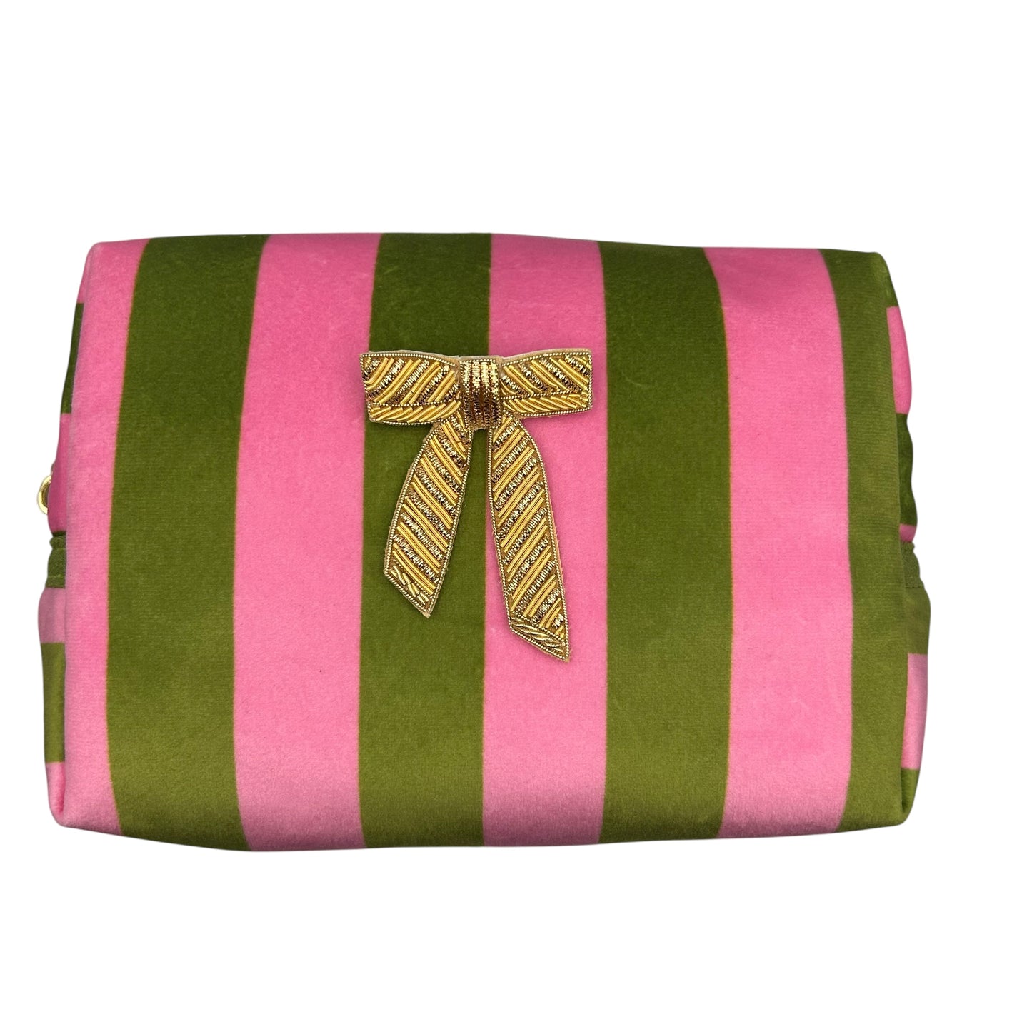 Chartreuse stripe make-up bag with Gold Bow pin