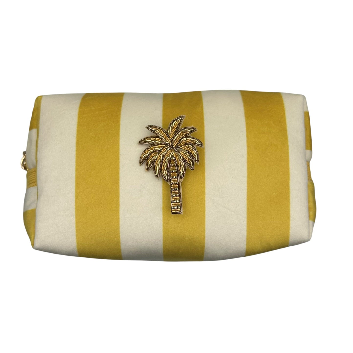 Yellow stripe makeup bag with Palm Tree pin