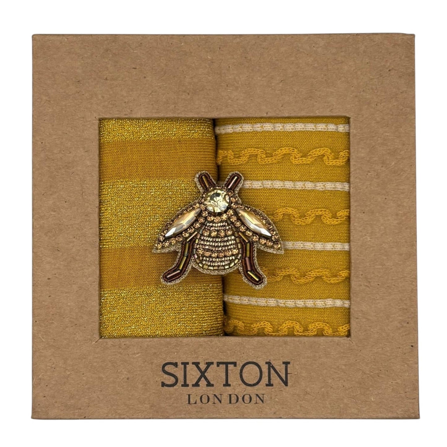 Mustard Berlin & Sunshine Lyon sock box duo with embroidered brooch