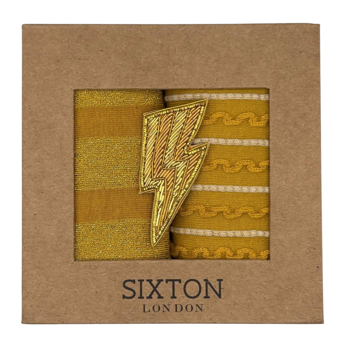 Mustard Berlin & Sunshine Lyon sock box duo with embroidered brooch