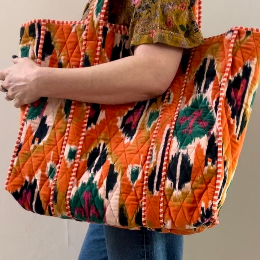 Odisha velvet tote bag in orange - large