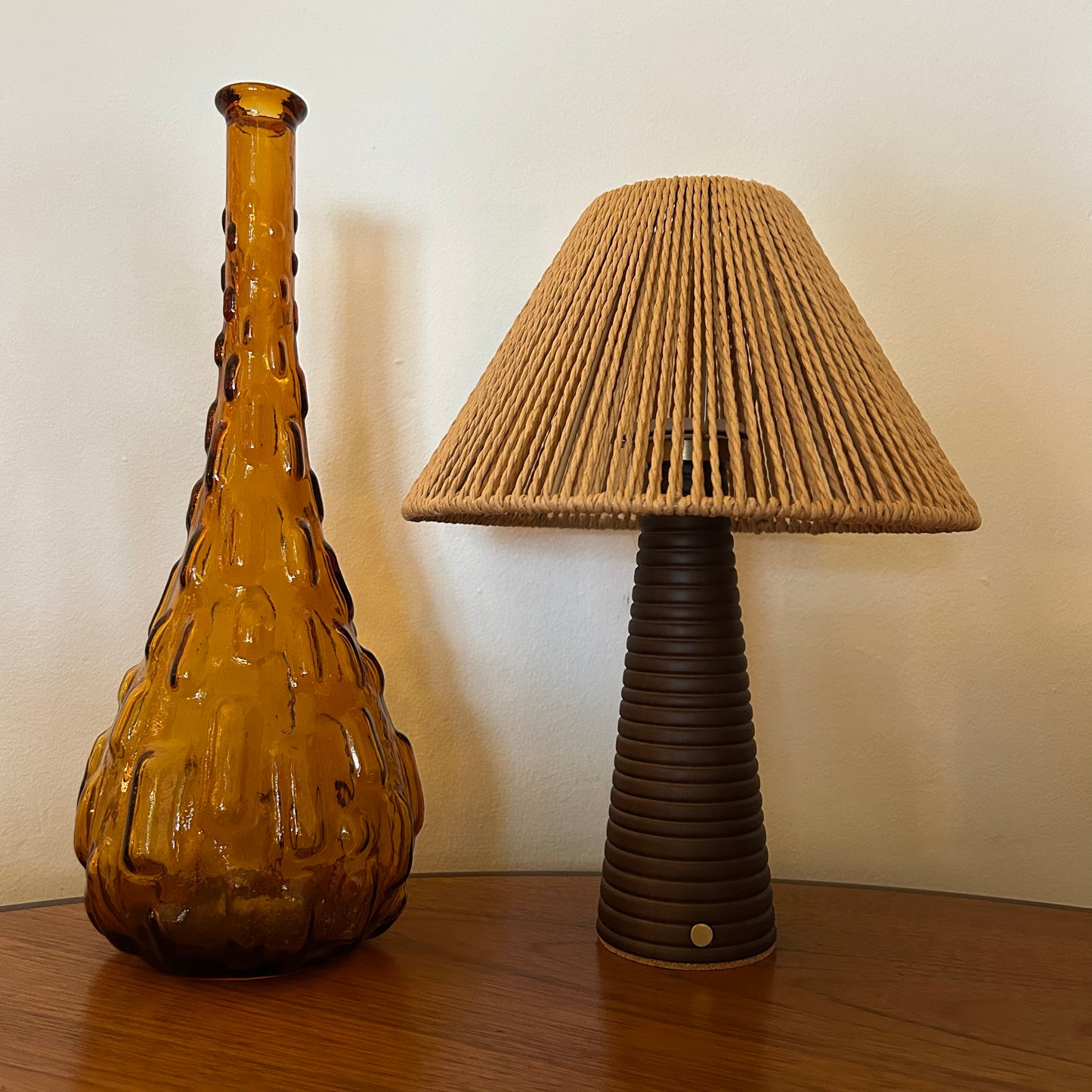Ribbed Walnut style rechargeable touch lamp with rope shade