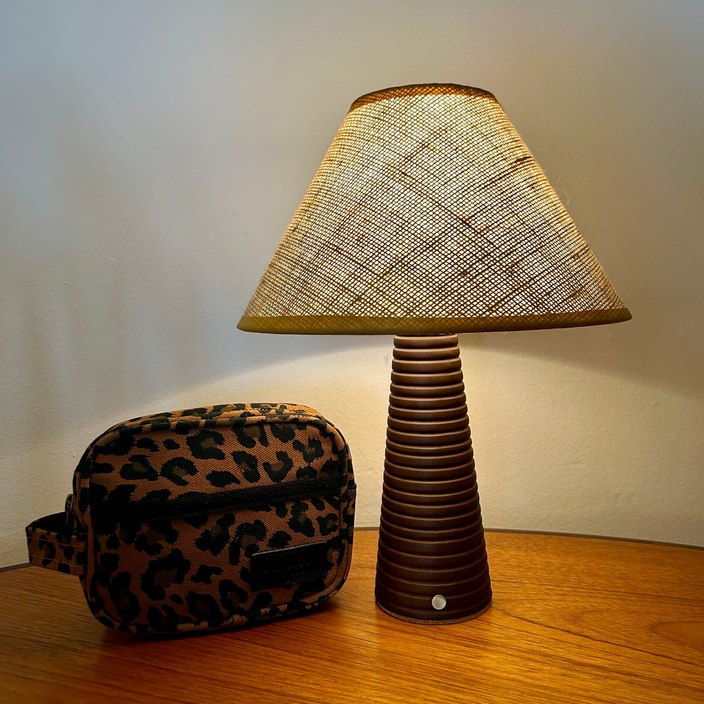 Ribbed Walnut style rechargeable touch lamp with hessian shade