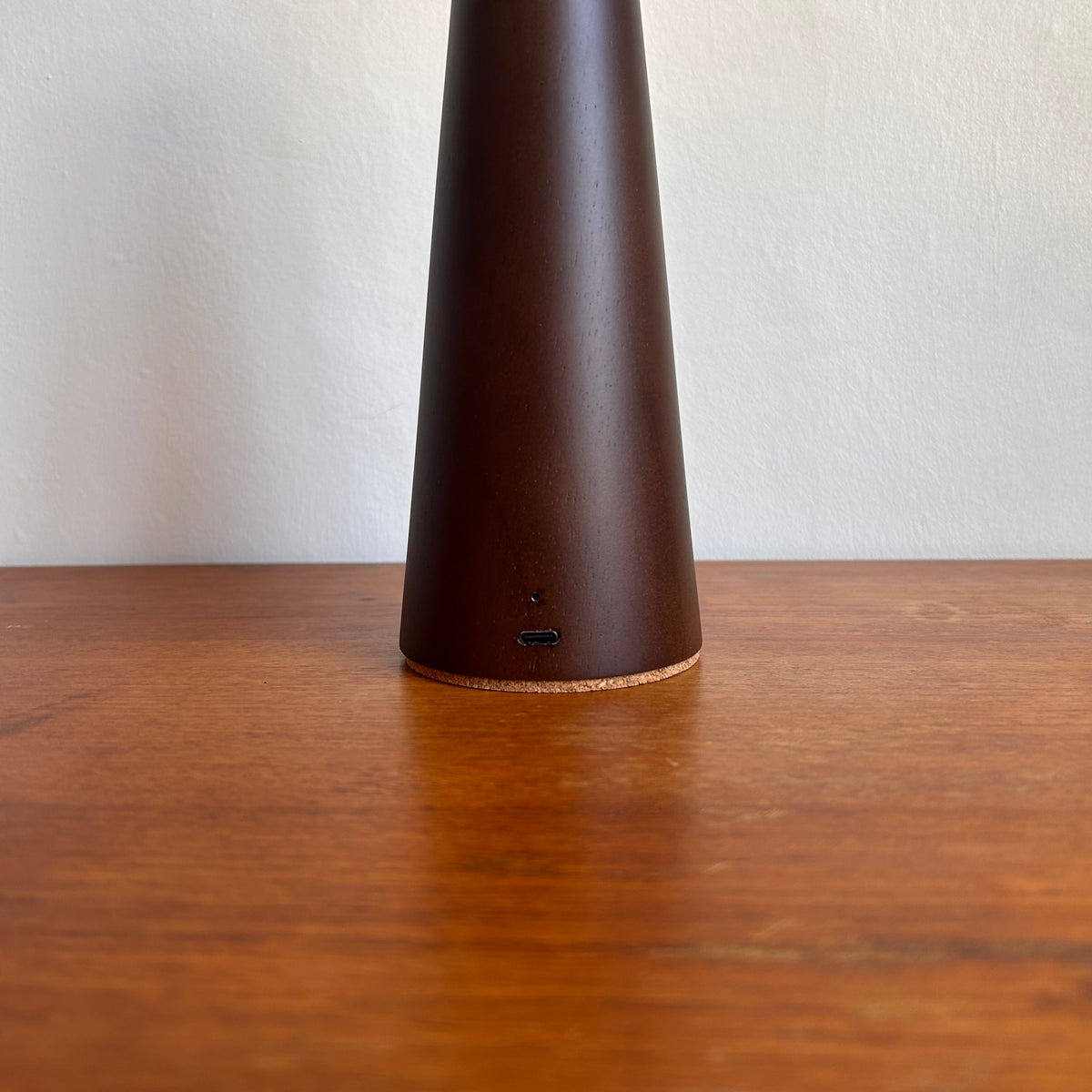 Smooth Walnut style rechargeable touch lamp with small rope drum shade