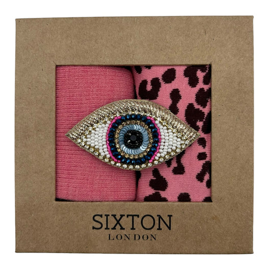 Pink Barcelona & Leopard sock box duo with pin