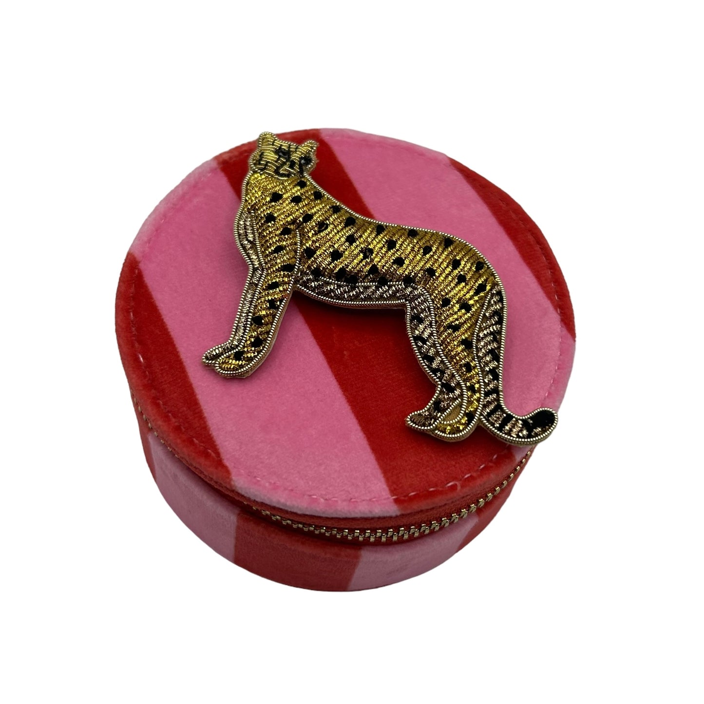 Jewellery Travel Pot in pink stripe - Cheetah brooch