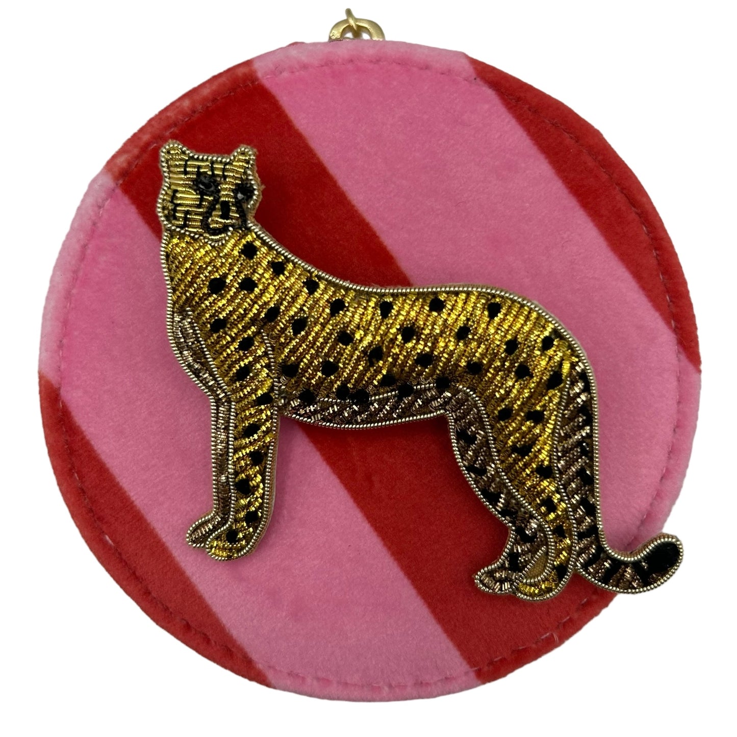 Jewellery Travel Pot in pink stripe - Cheetah brooch