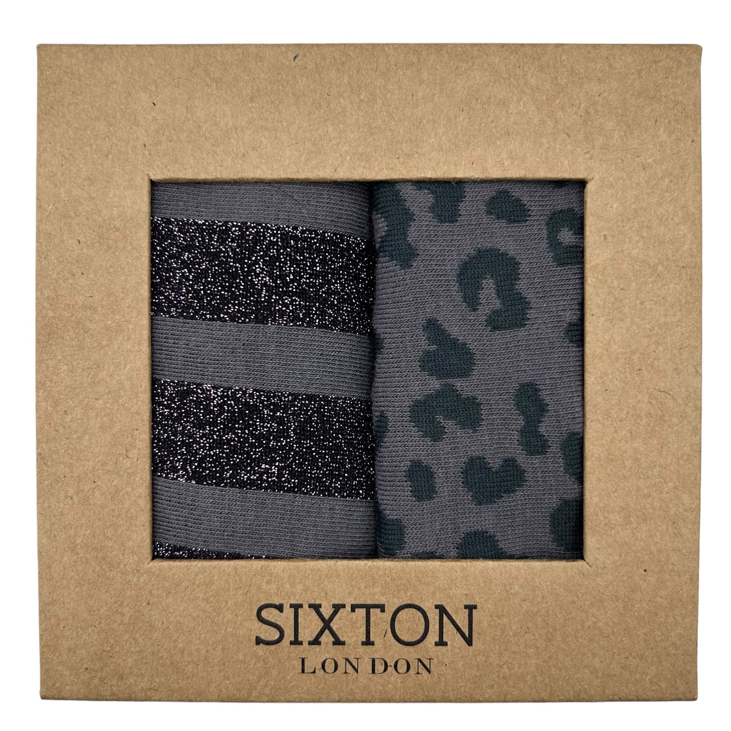 Charcoal leopard and purple Berlin sock box duo