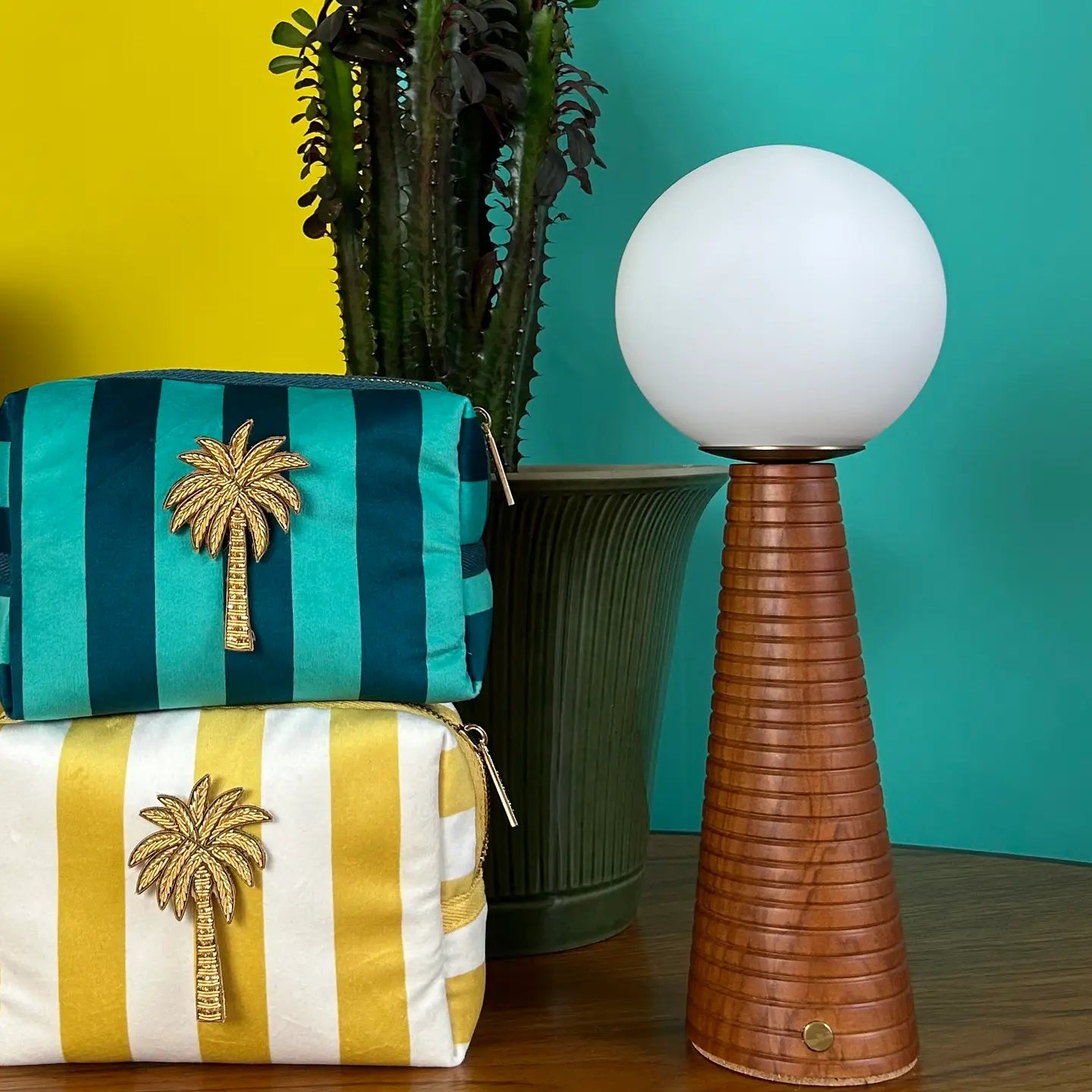 Large Deco Cone Ribbed Teak style rechargeable touch lamp