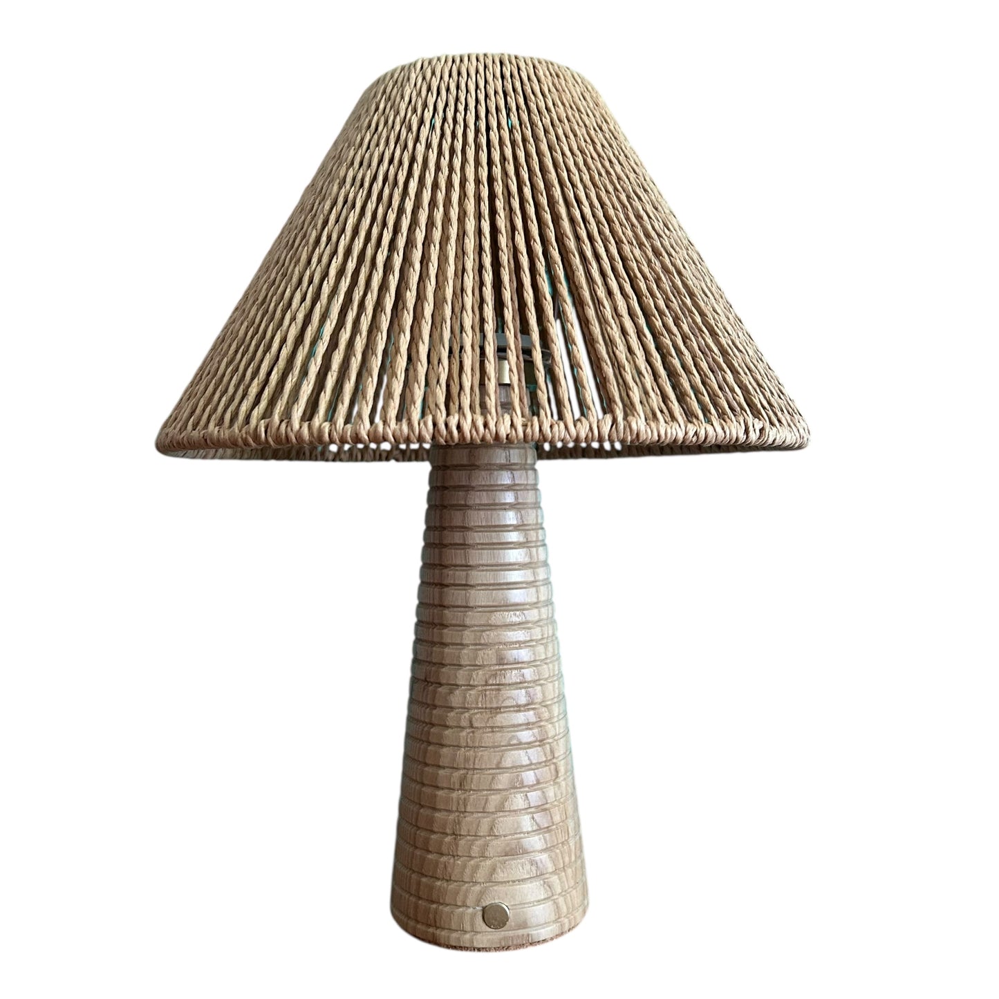 Ribbed Beech style rechargeable touch lamp with rope shade