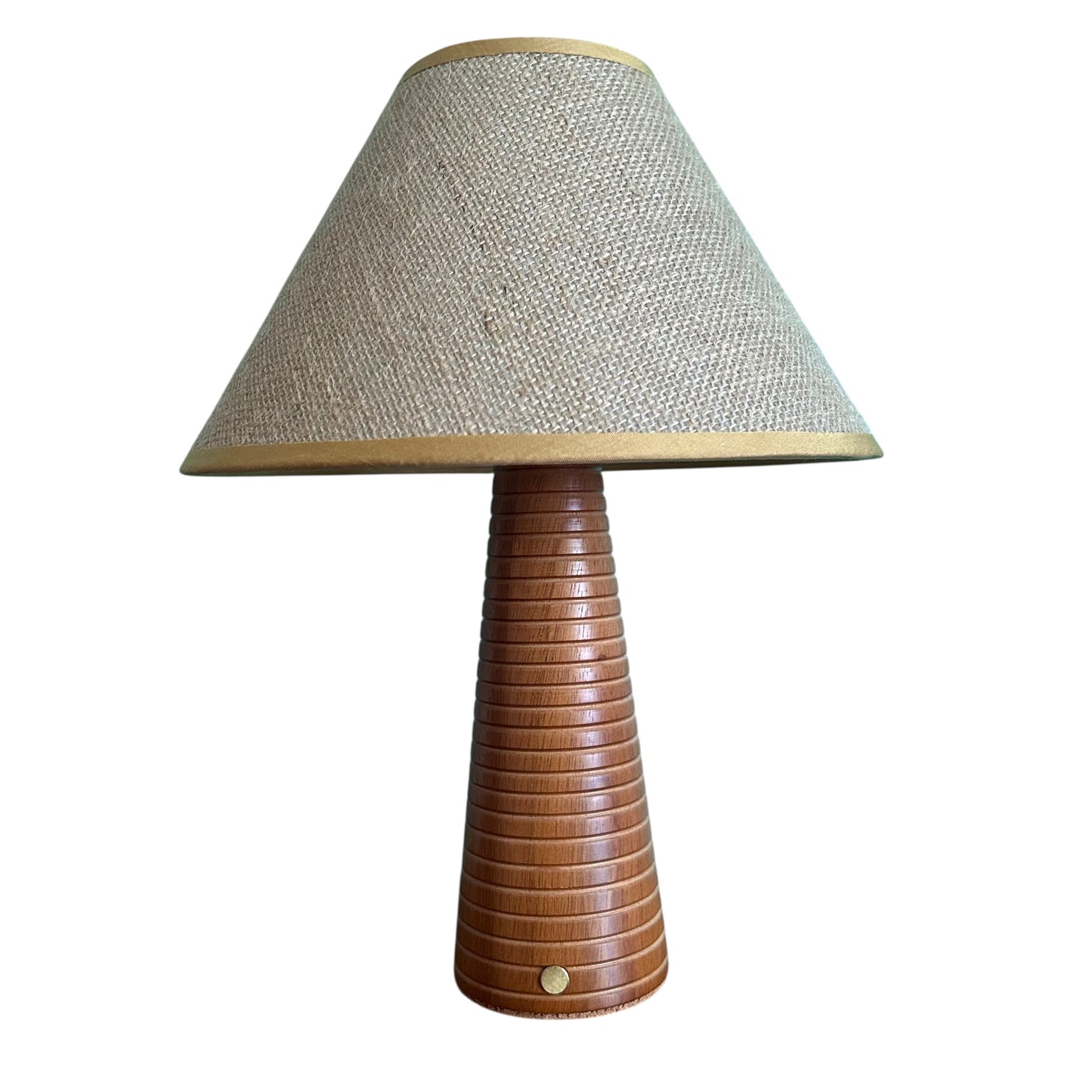 Ribbed Teak style rechargeable touch lamp with hessian shade