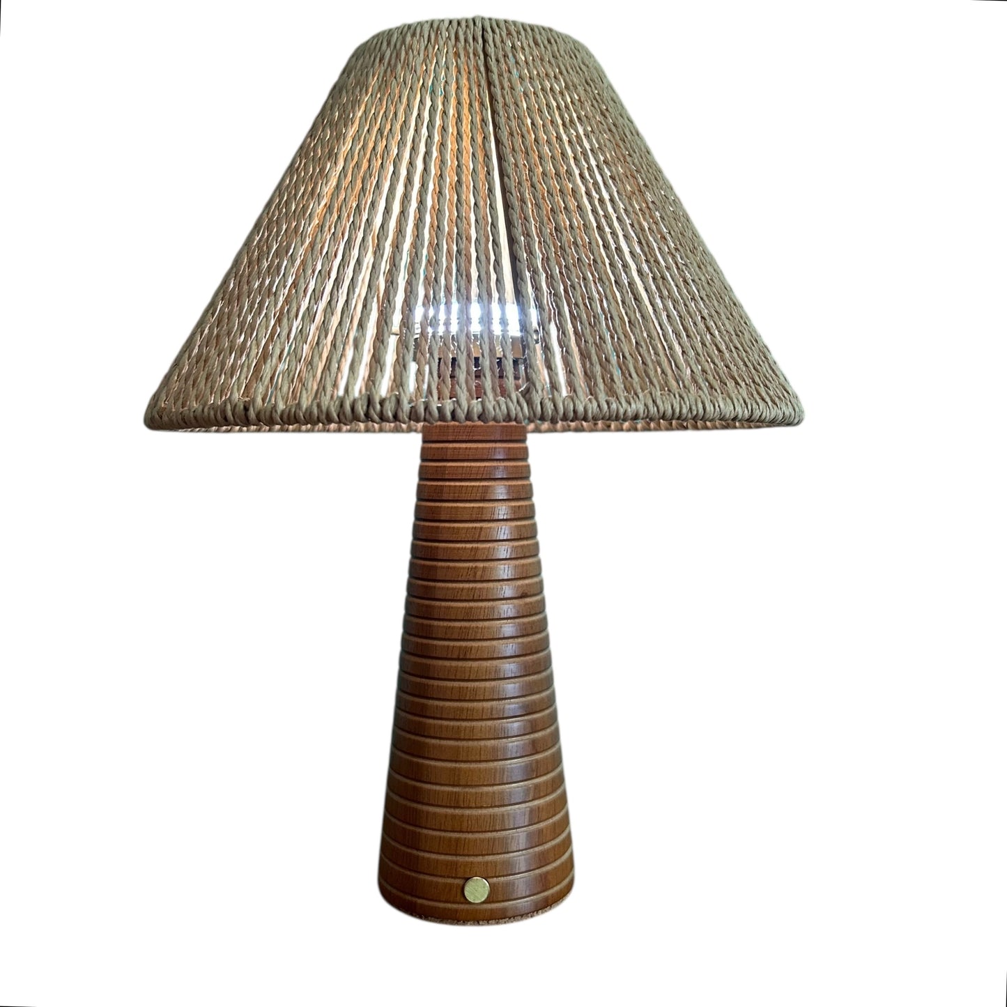 Ribbed Teak style rechargeable touch lamp with rope shade