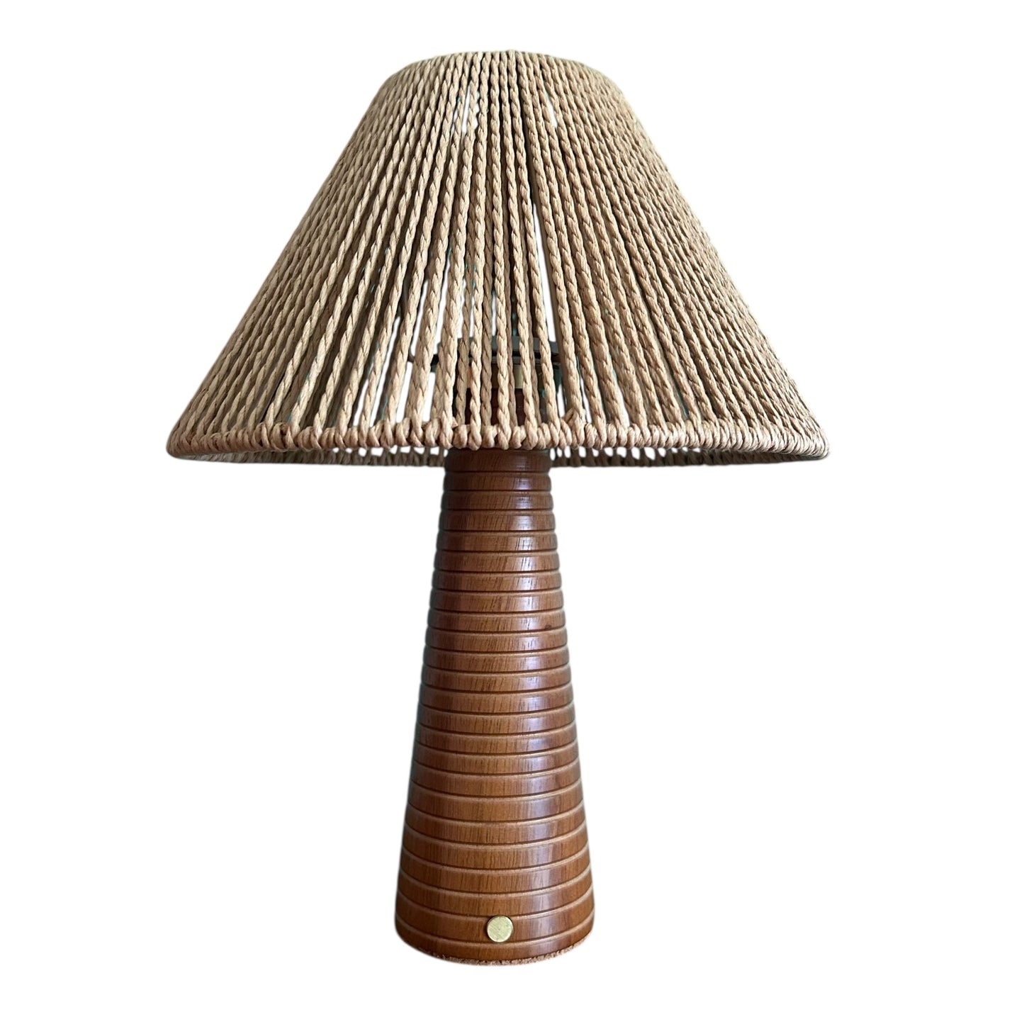 Ribbed Teak style rechargeable touch lamp with rope shade