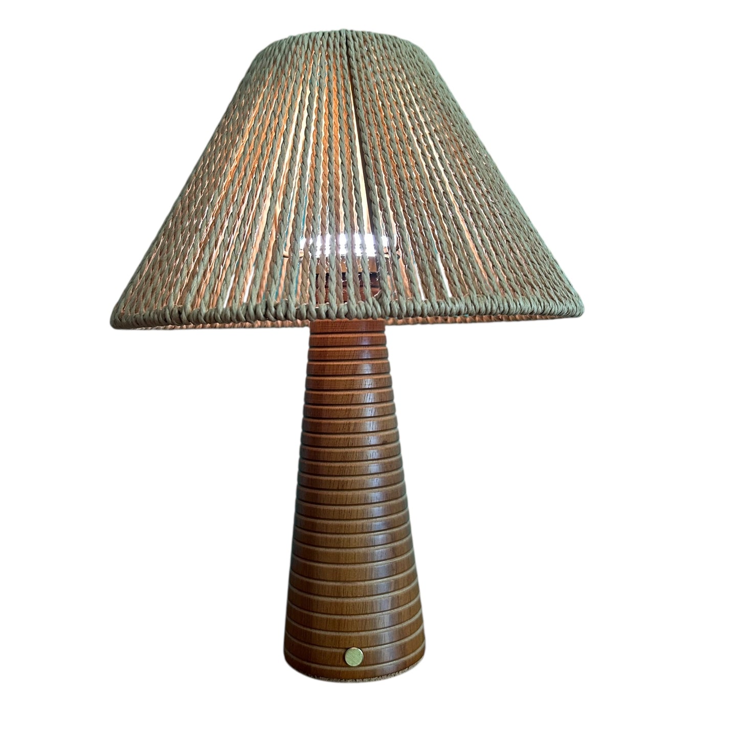 Ribbed Teak style rechargeable touch lamp with rope shade