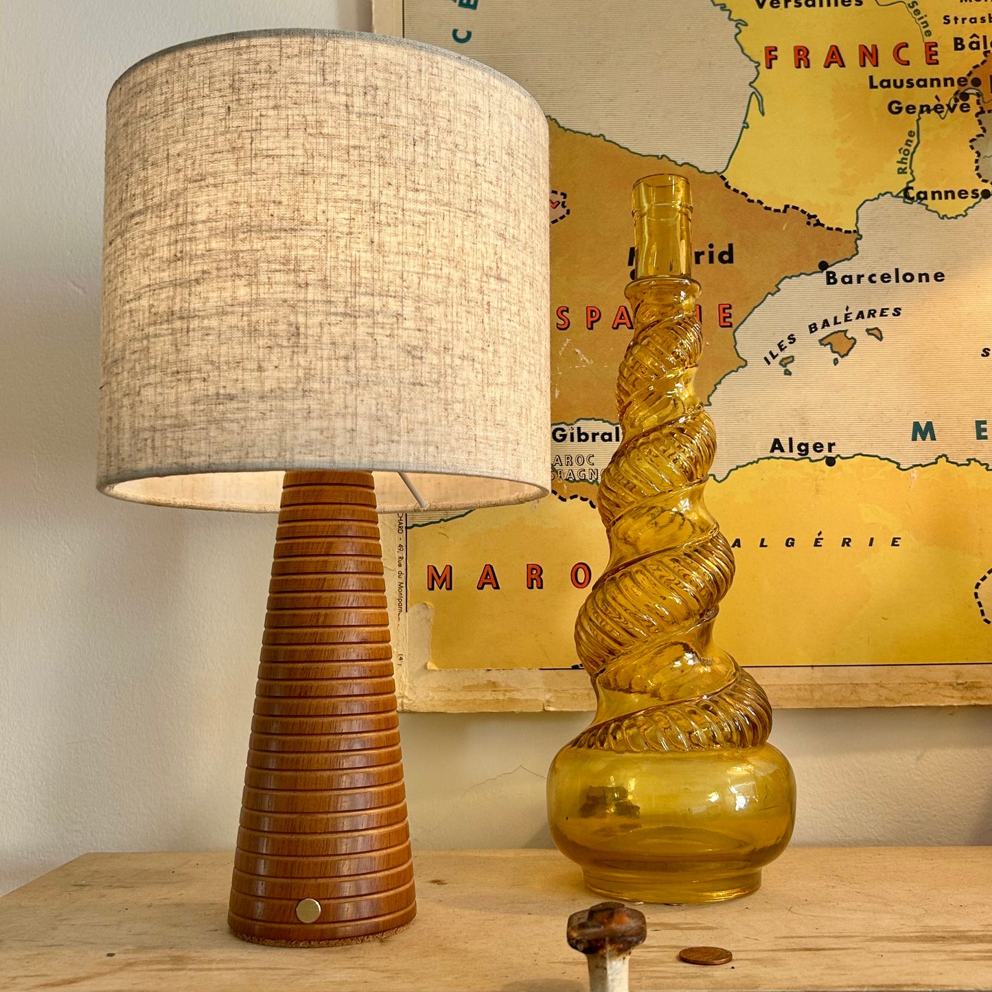 Ribbed Teak style rechargeable touch lamp with cream shade