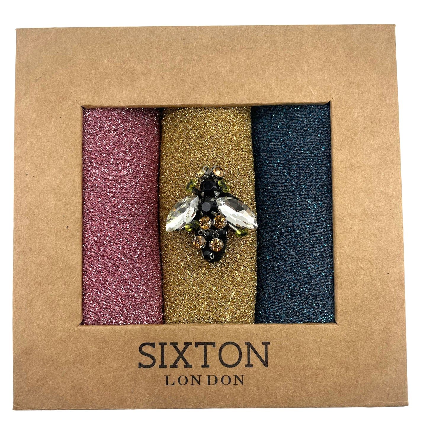 Rio trio soirée sock box with sparkly insect pin