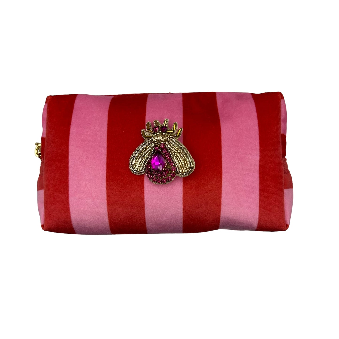 Pink stripe makeup bag with Pink Jewelled Insect brooch