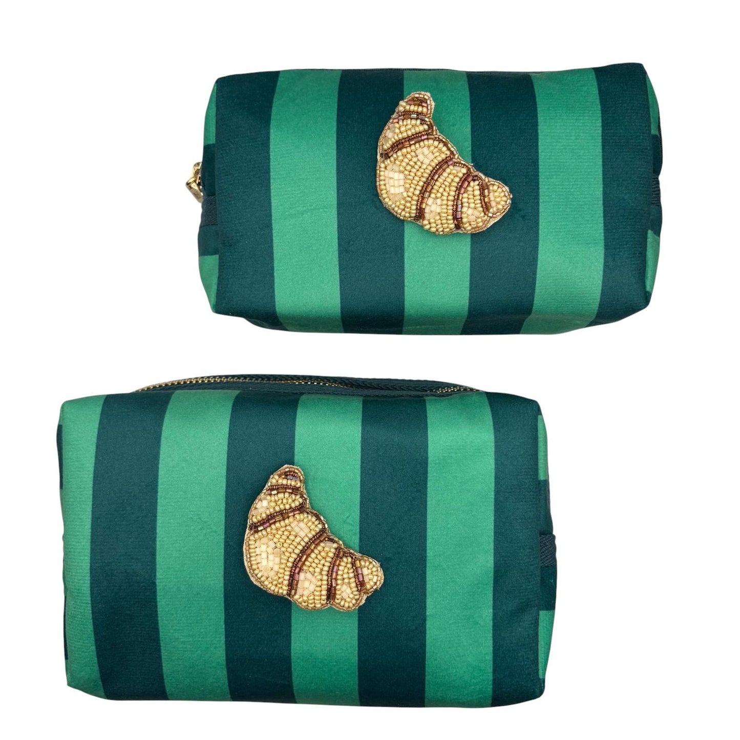 Small Teal stripe makeup bag with Croissant brooch