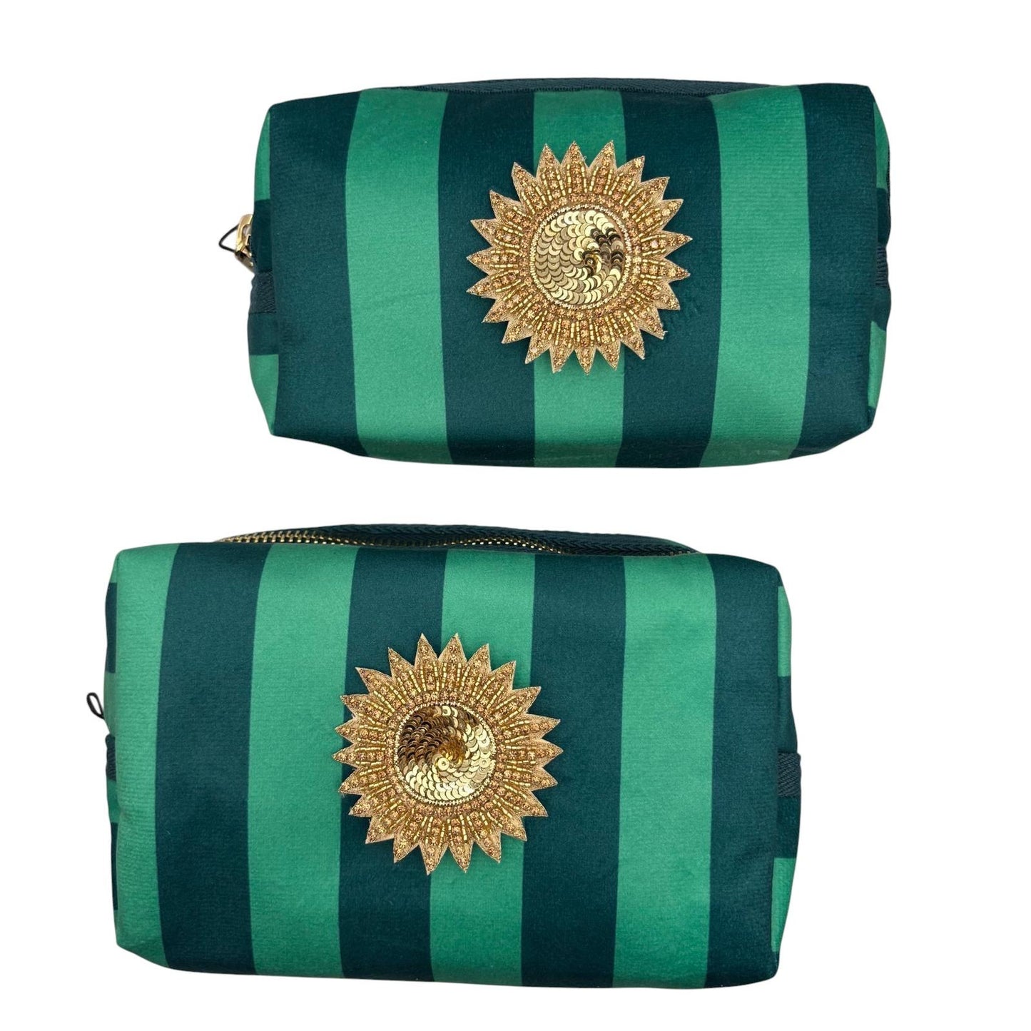 Large Teal stripe makeup bag with Sunshine brooch