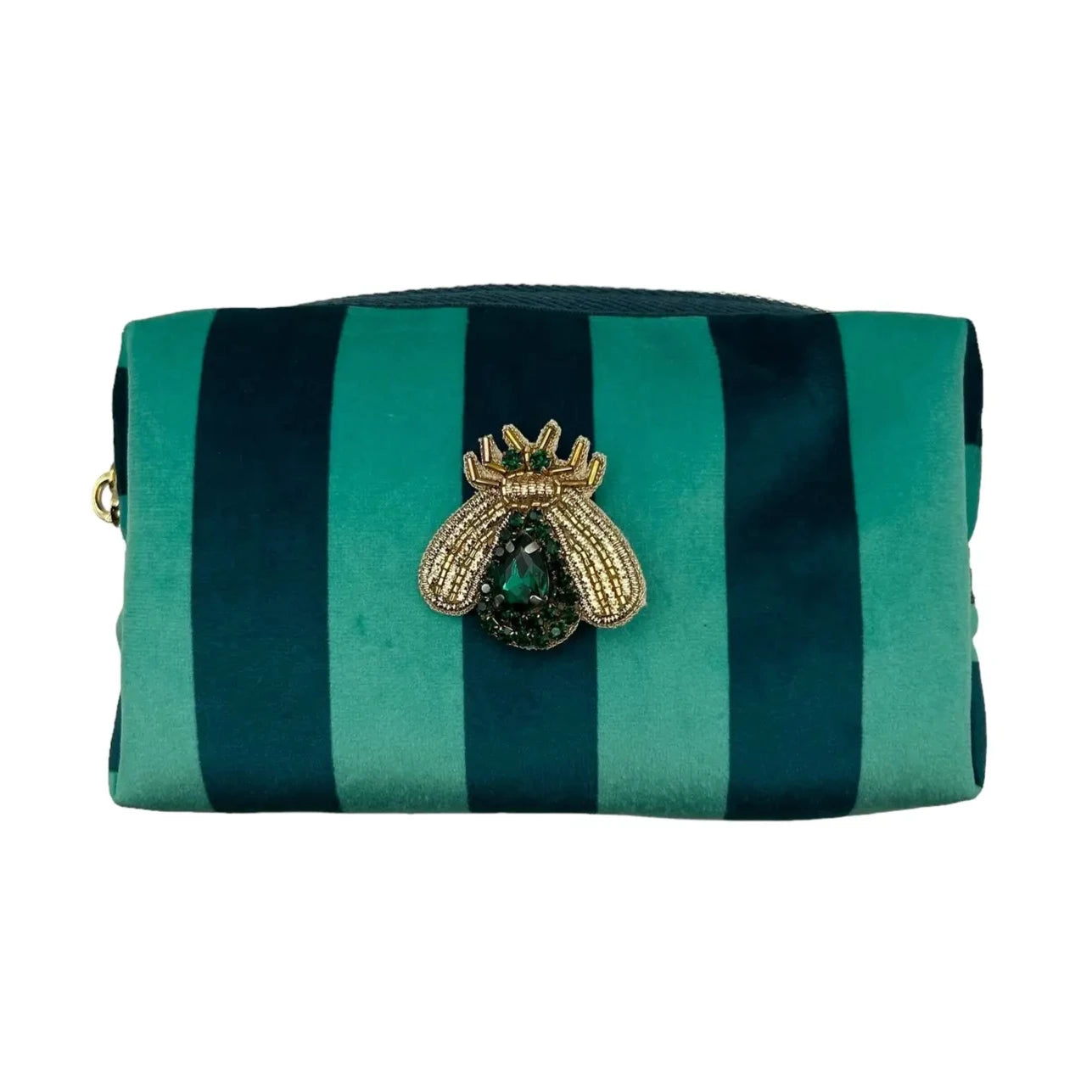Teal stripe makeup bag with Green Insect pin