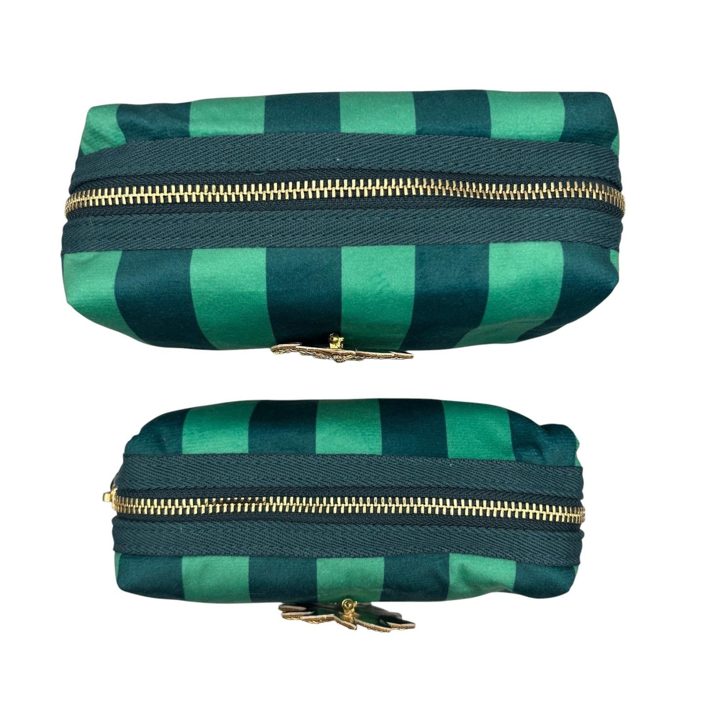 Large Teal stripe makeup bag with Palm Tree brooch