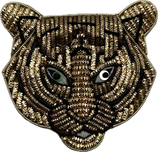 Leopard print makeup bag with Tiger Head brooch