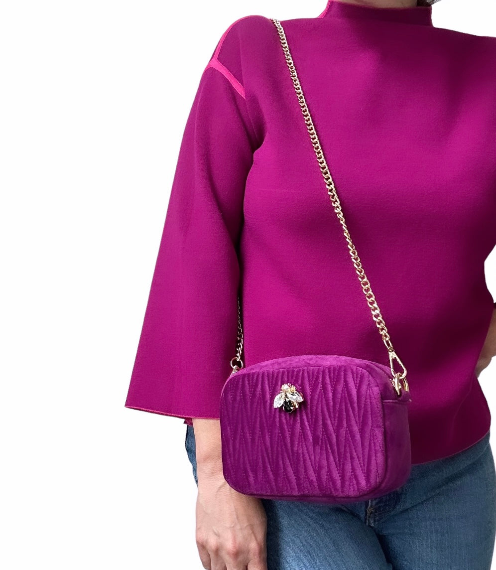 Velvet Rivington handbag in fuchsia, recycled velvet