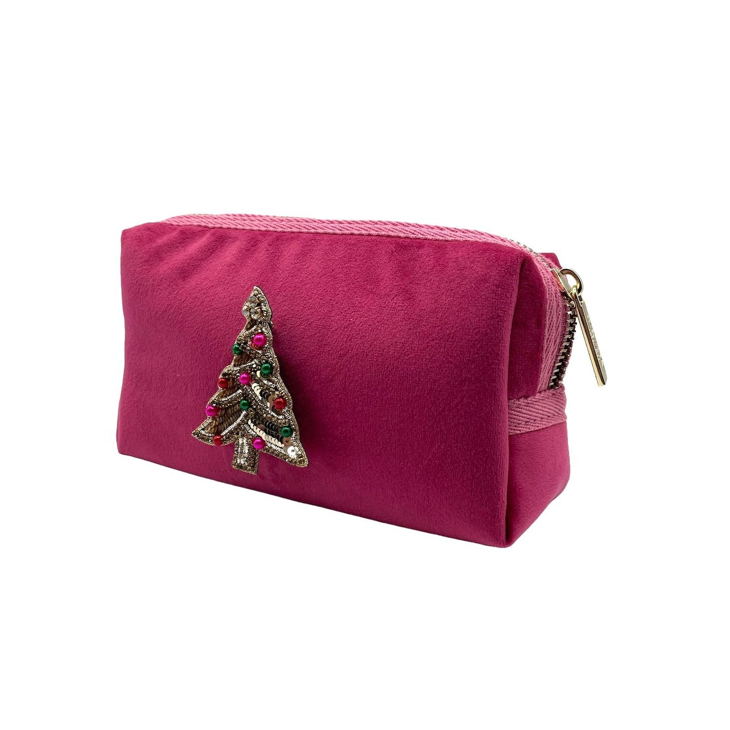 Bright pink make-up bag and a kitsch tree pin - recycled velvet