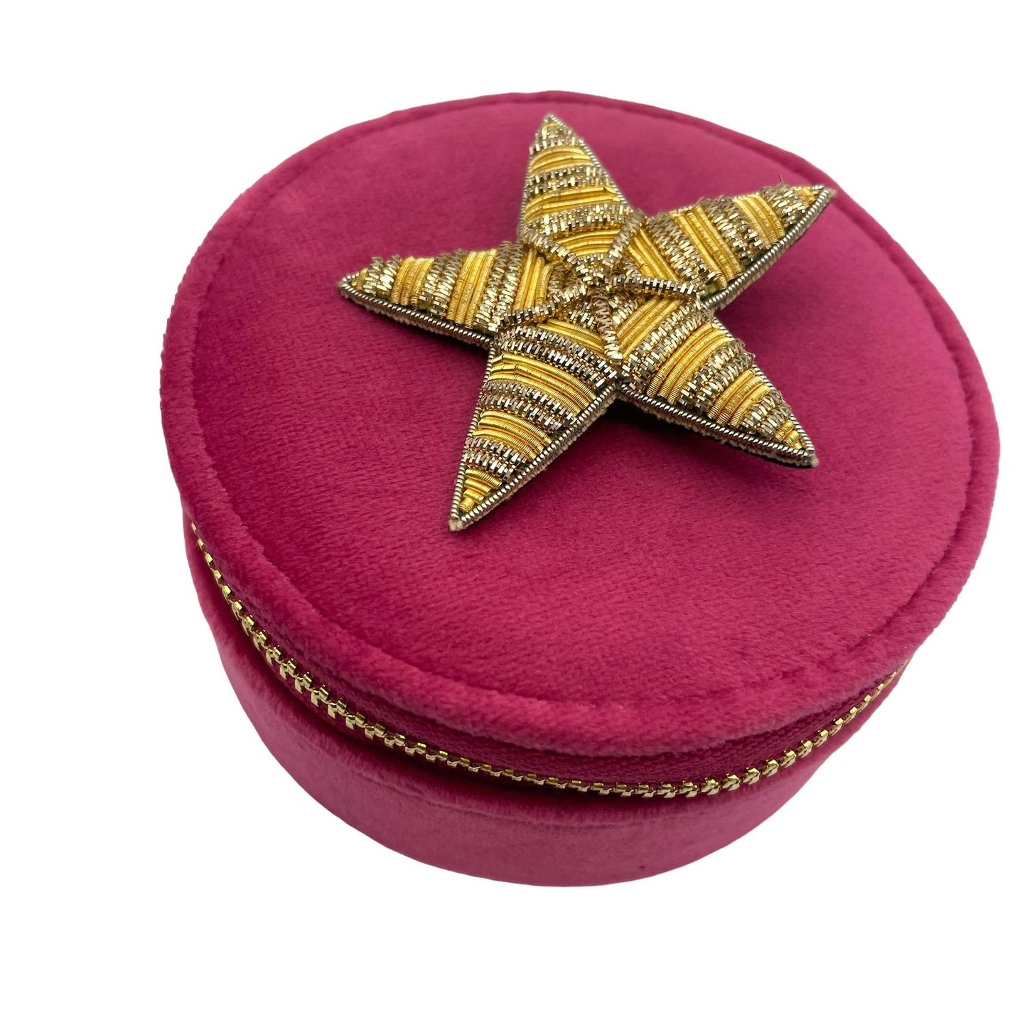 Jewellery travel pot bright pink - recycled velvet - gold star