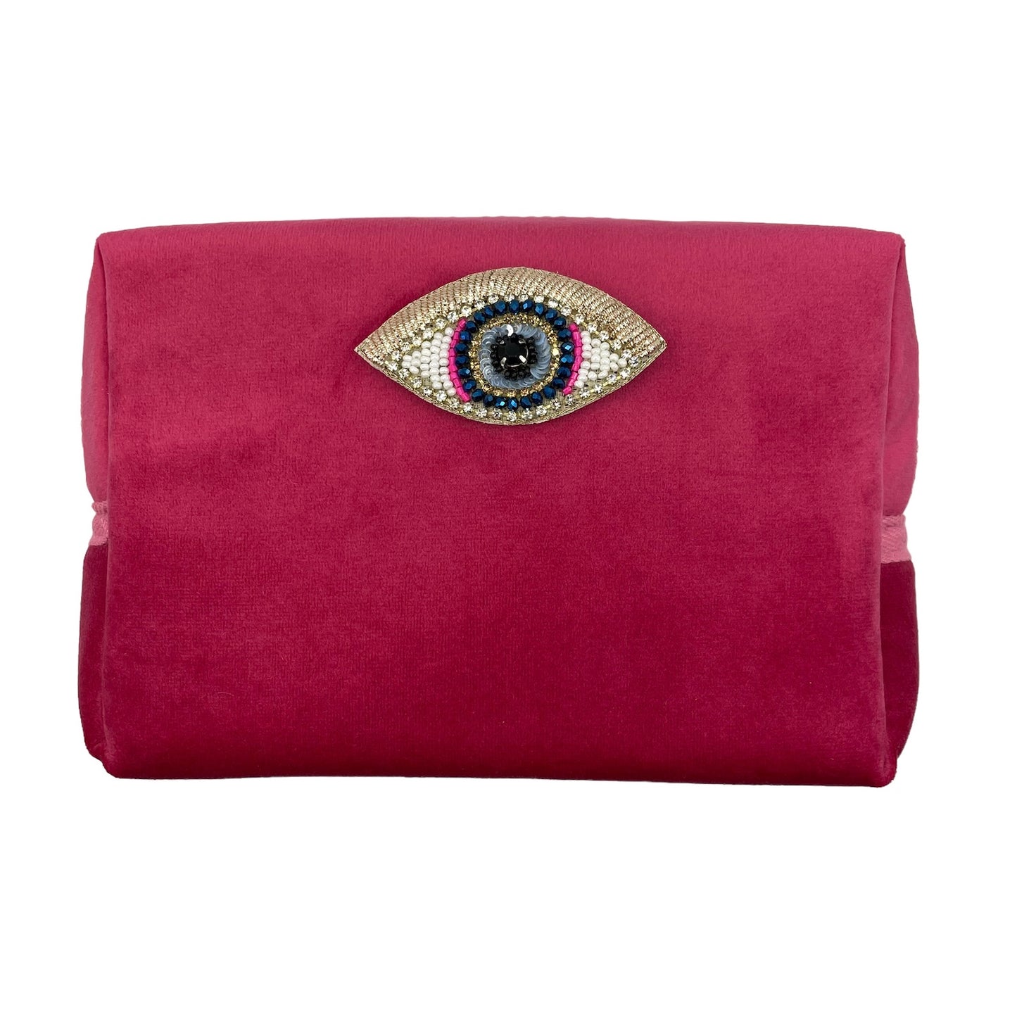 Bright pink make-up bag & golden eyes pin - recycled velvet