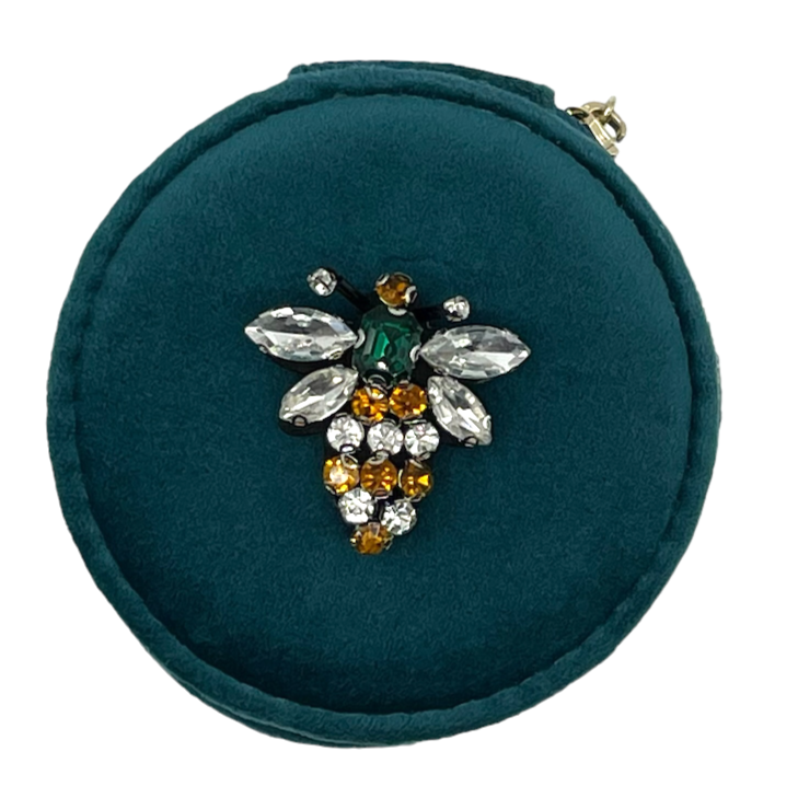 Jewellery Travel Pot in Teal recycled velvet, with Queen Bee pin