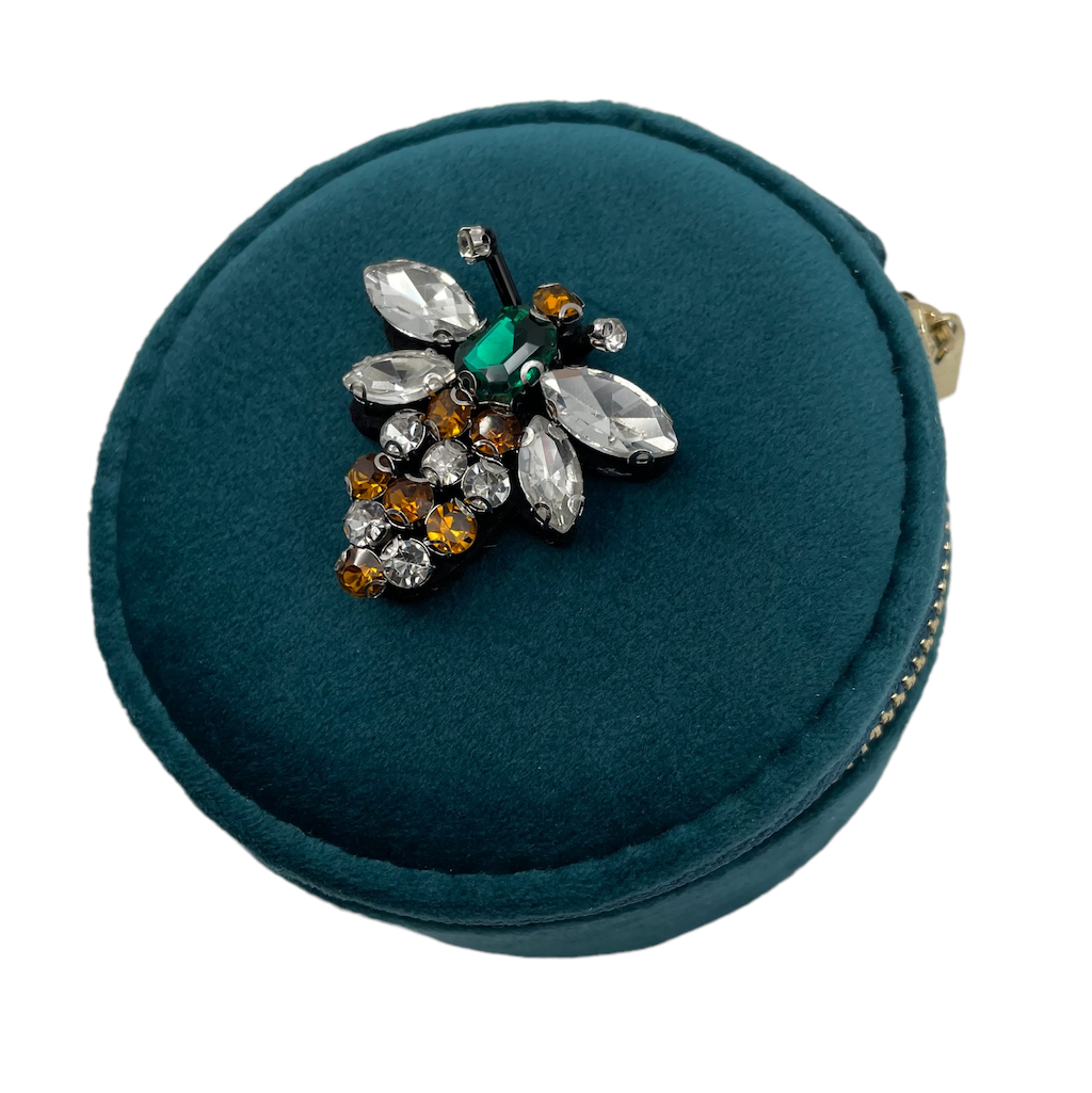 Jewellery Travel Pot in Teal recycled velvet, with Queen Bee pin