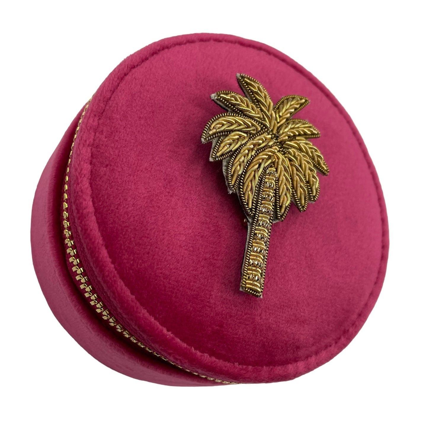 Jewellery travel pot in recycled velvet, bright pink with a palm tree pin