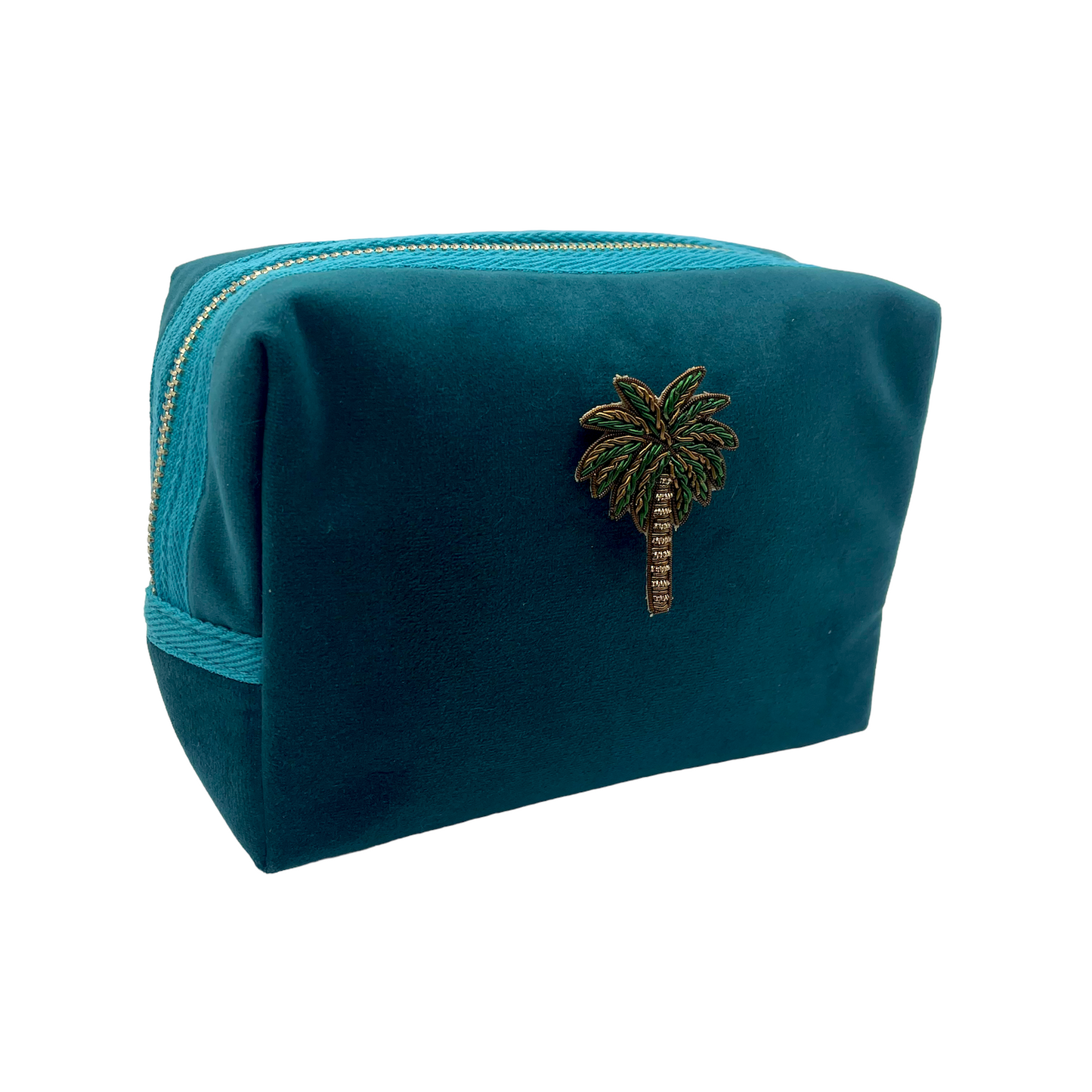 Teal make-up bag & green palm tree - recycled velvet